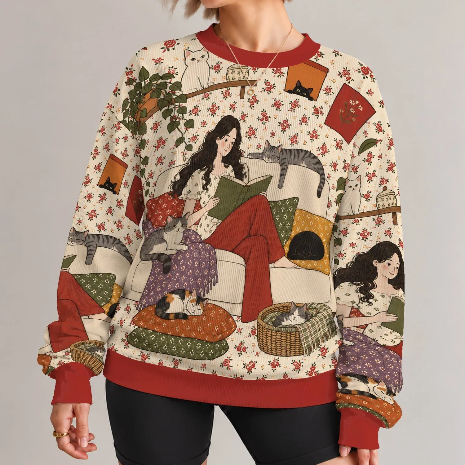 Cat-Loving Reader in a Cozy Floral Living Room for Relaxed Everyday Style at Home All-over Print Knitted Sweater - 1