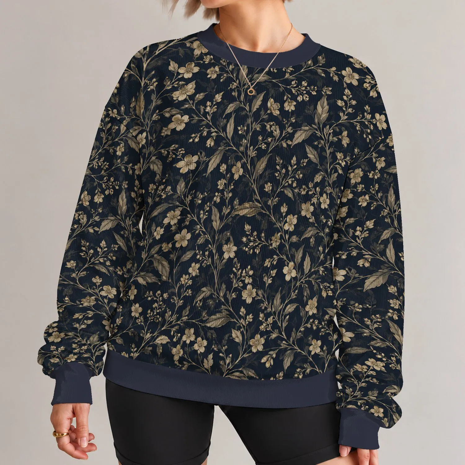 Antique Gold Wildflower Vines on Midnight Navy for Relaxed Everyday Botanical Style All-over Print Knitted Sweater - 1