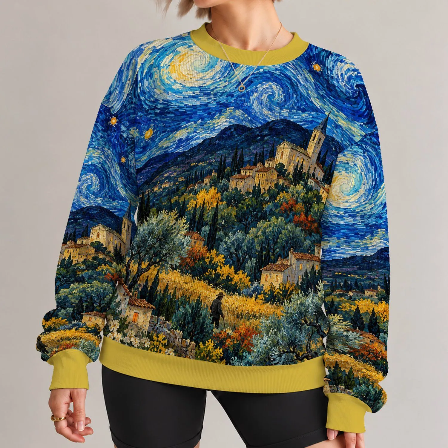 Swirling Blue Night Village Scene for Artistic Everyday Wear and Creative Weekend Outings All-over Print Knitted Sweater - 1
