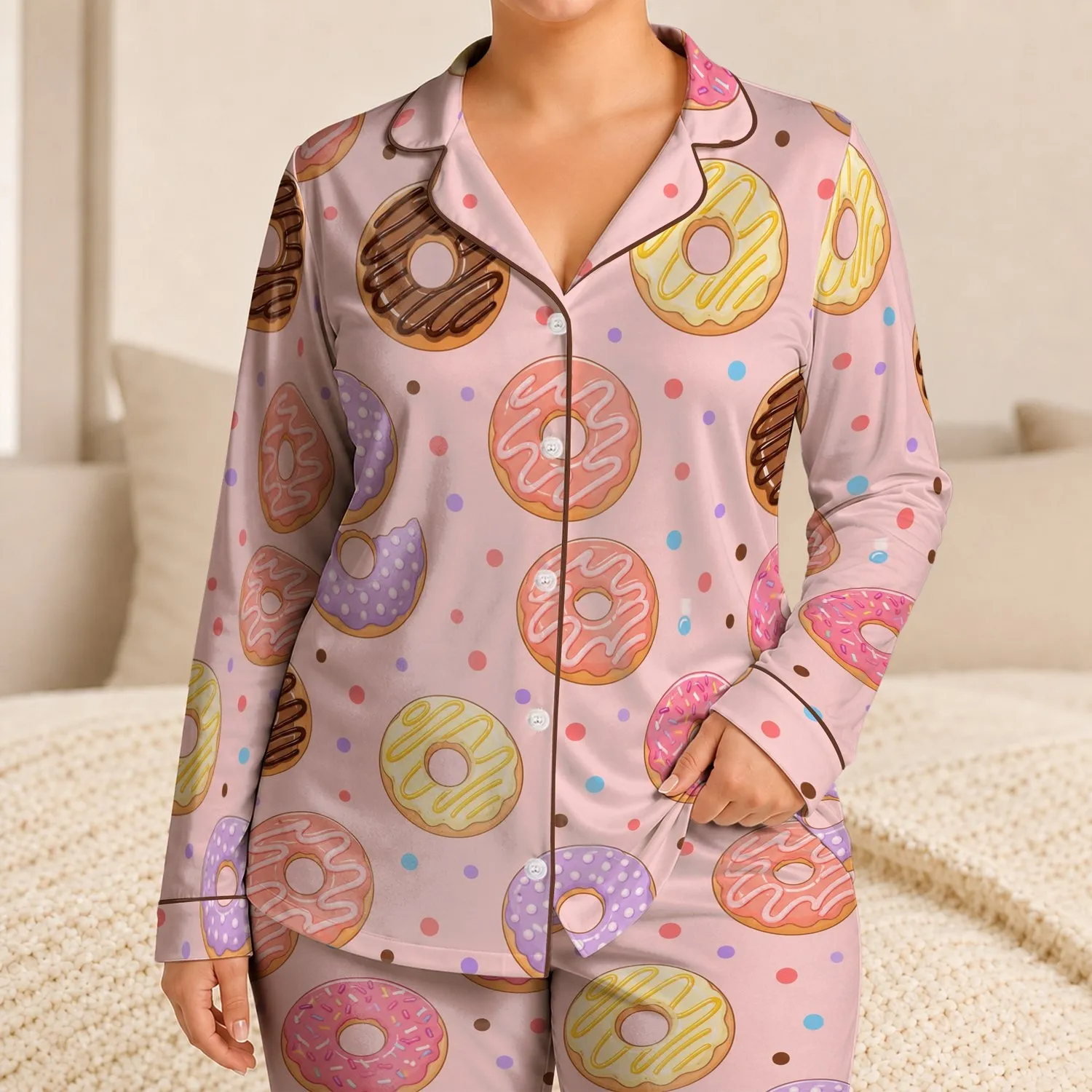 Cute Donut Motif For Cozy Nights, Sweet Gifting, And All Seasons Wear At Home For Girls Satin Pajamas Set - 1