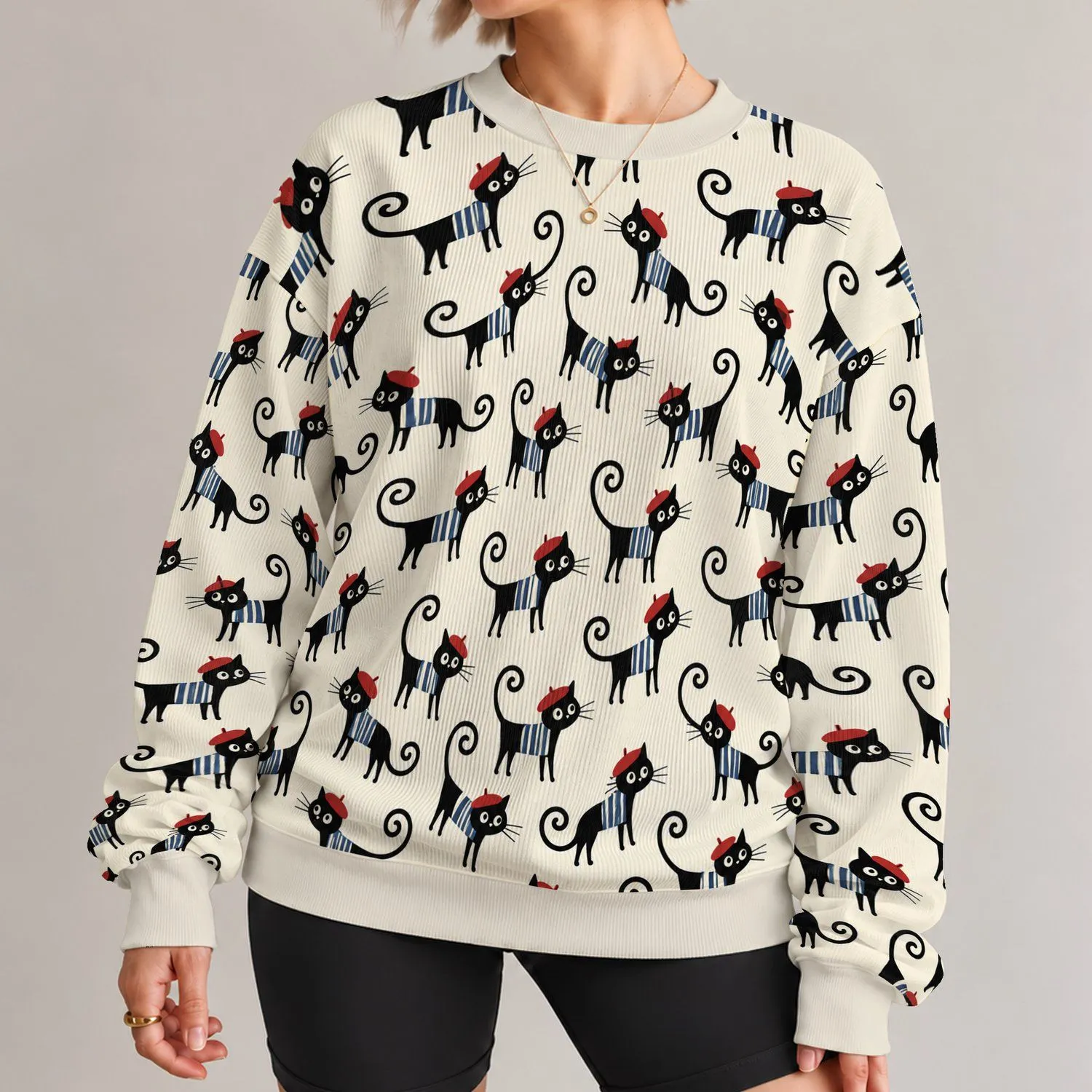 Playful Black Cats in Striped Shirts for Whimsical Everyday Autumn and Winter Style All-over Print Knitted Sweater - 1