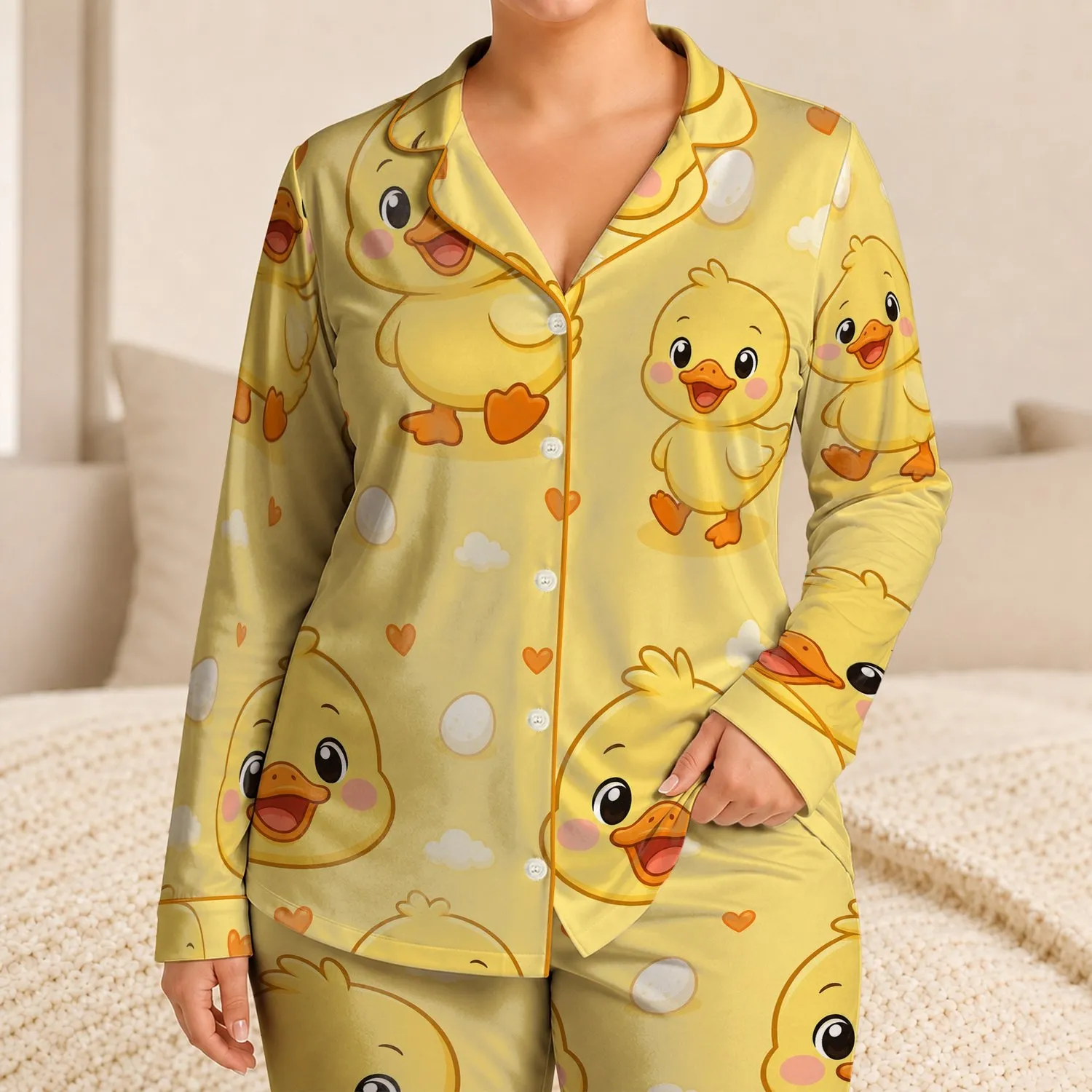 Cheerful Yellow Duck Face Lounge Style For Cozy Summer Nights At Home, Kids Unisex Satin Pajamas Set - 1