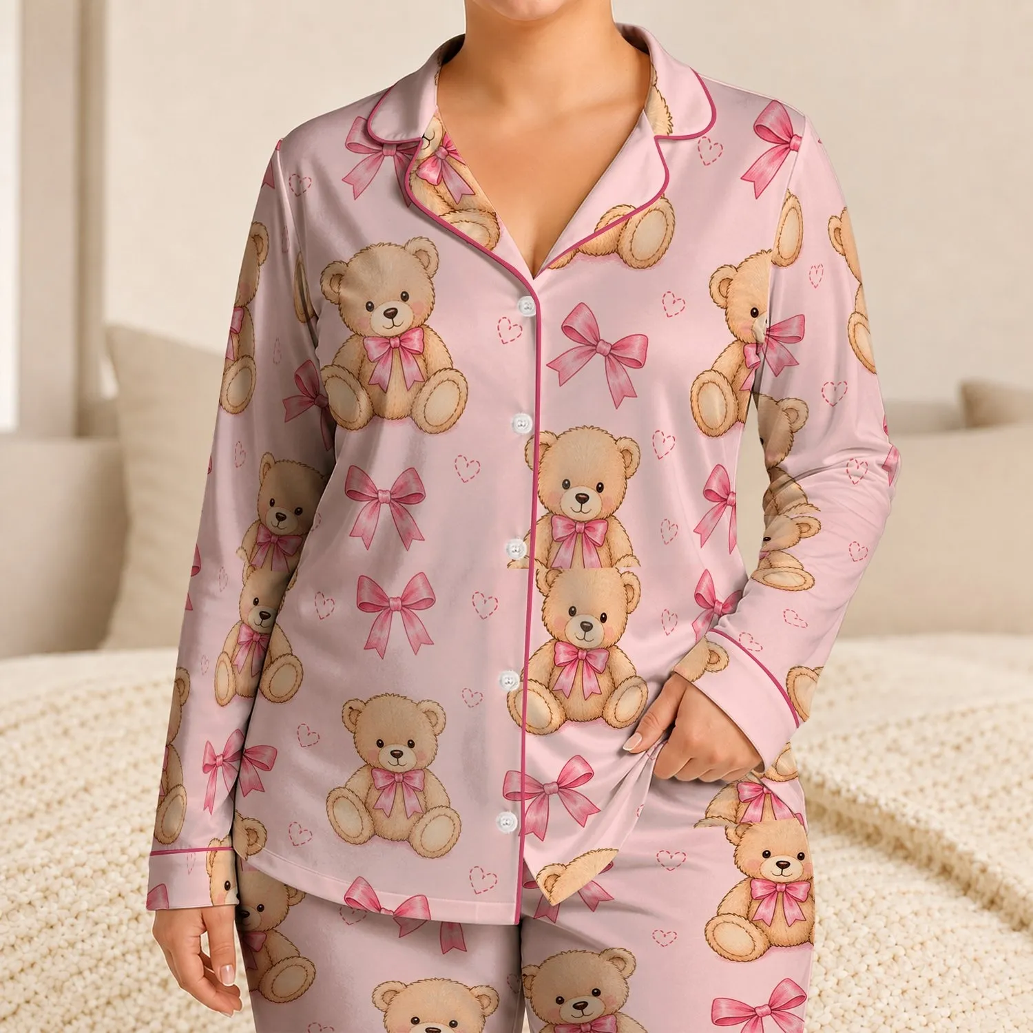 Sweet Teddy Bear Bow Outfit For Cozy Bedtime And Holiday Gifting For Kids And Girls Satin Pajamas Set - 1
