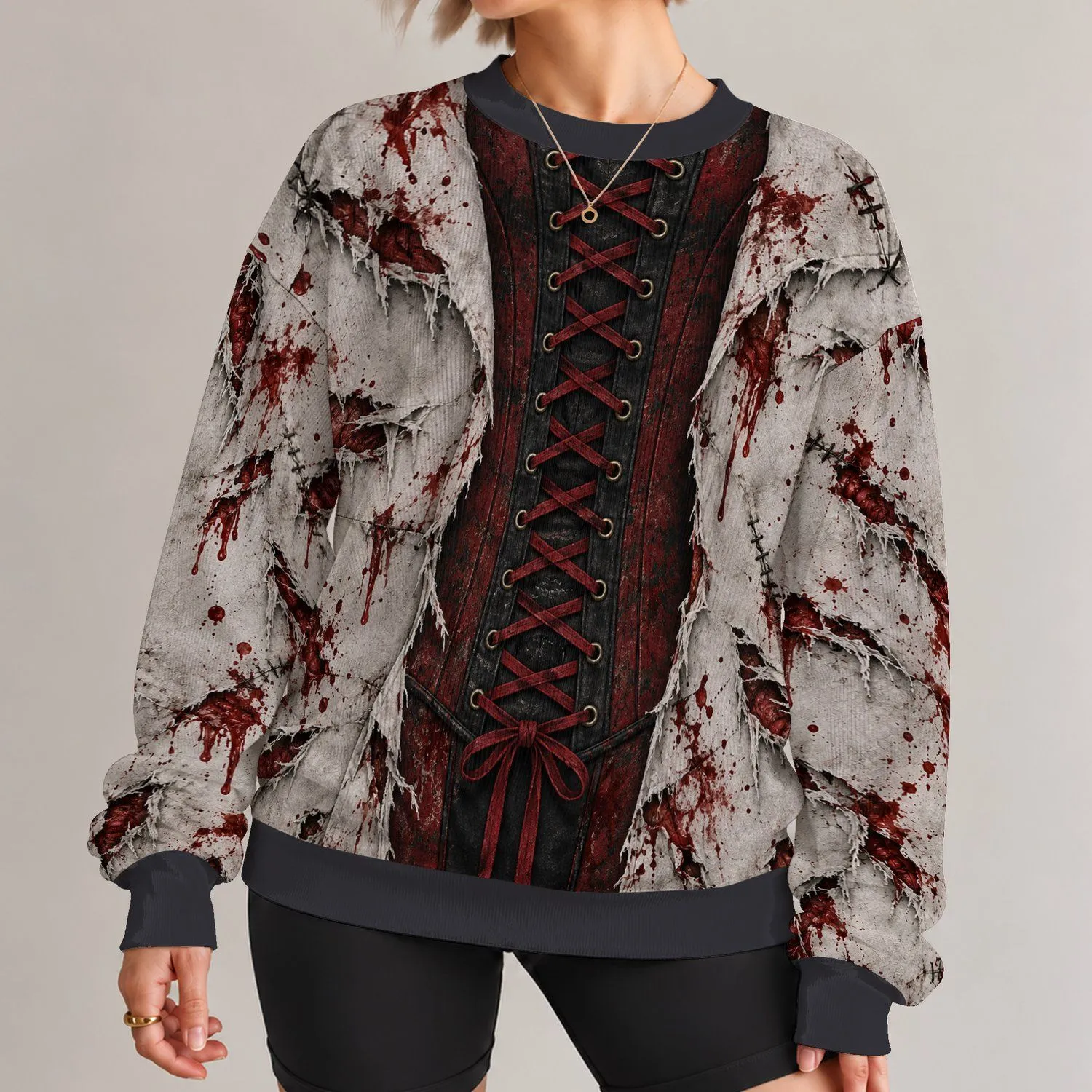 Bloody Corset and Torn Zombie Costume for Halloween Parties and Spooky Night Events All-over Print Knitted Sweater - 1