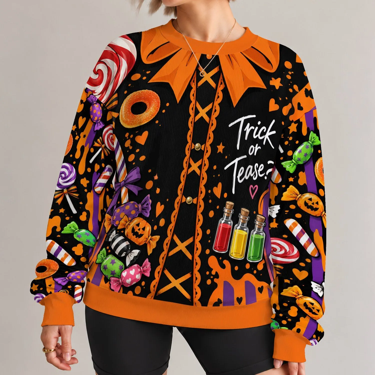 Halloween Candy Corset And Lollipop Look For Trick Or Treat Parties And Costume Nights All-over Print Knitted Sweater - 1