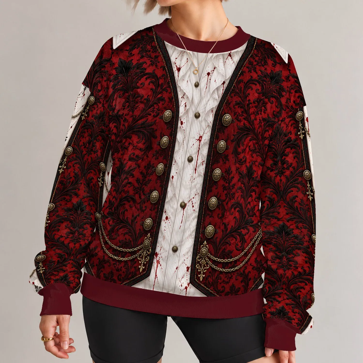 Gothic Red Brocade Vampire Vest for Halloween Parties and Spooky Costume Events All-over Print Knitted Sweater - 1