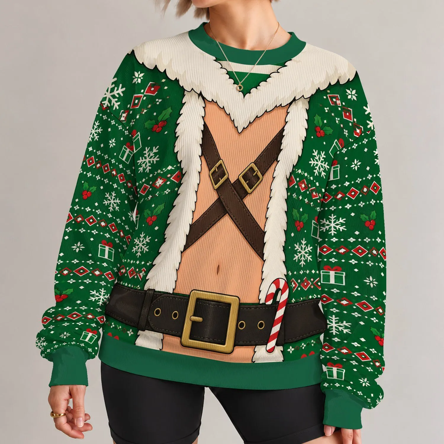 Naughty Elf Chest Cutout Holiday Party Look for Funny Christmas Couple Celebrations All-over Print Knitted Sweater - 1