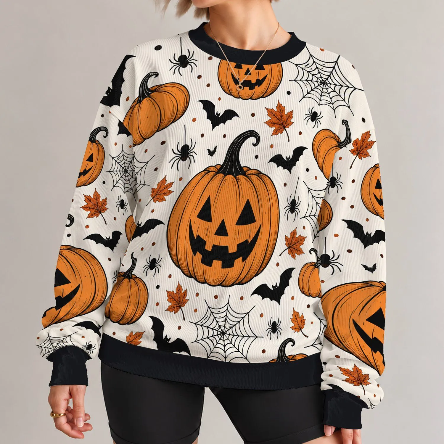 Pumpkin Bat Spiderweb Autumn Halloween Motifs For Festive October Outings All-over Print Knitted Sweater - 1