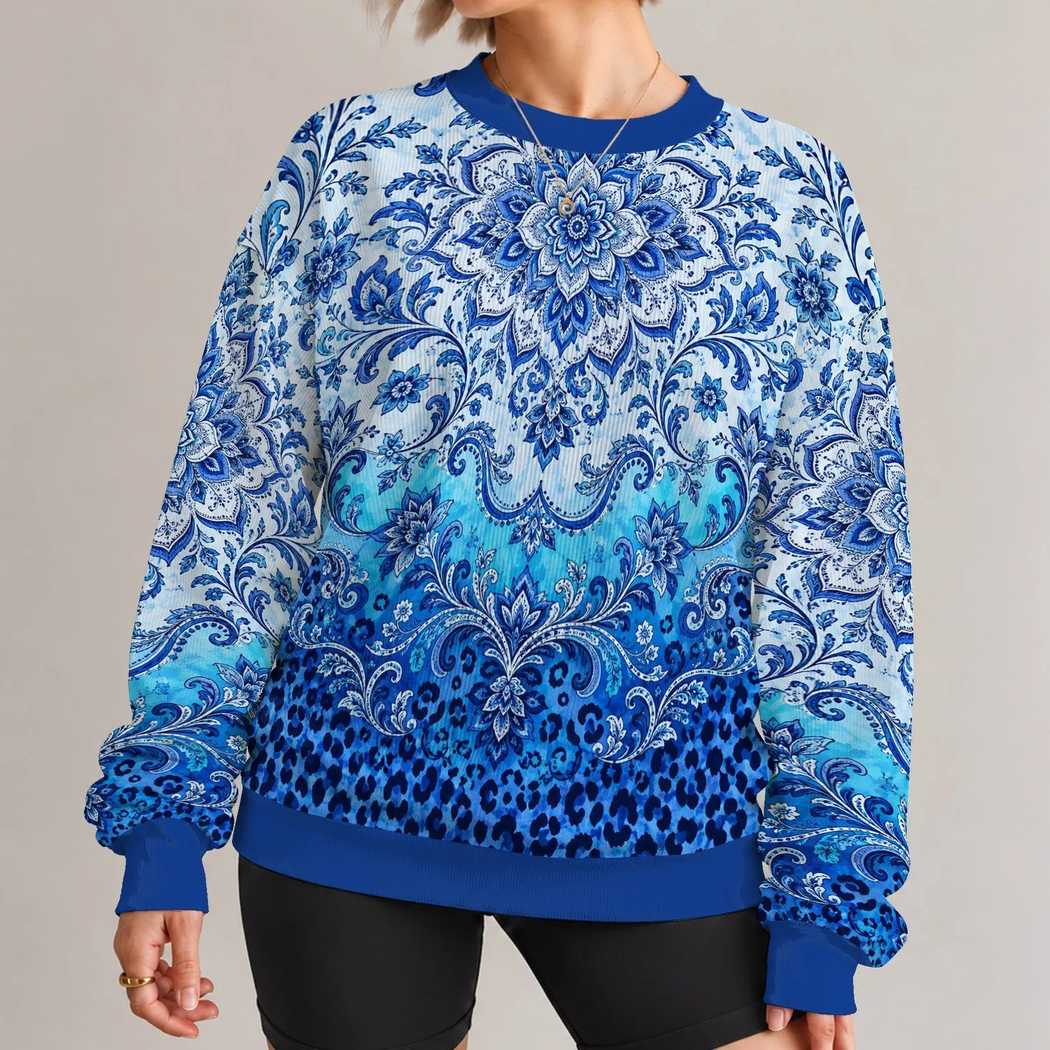 Blue Mandala and Leopard Motifs for Creative Everyday Style and Weekend Outings All-over Print Knitted Sweater - 1
