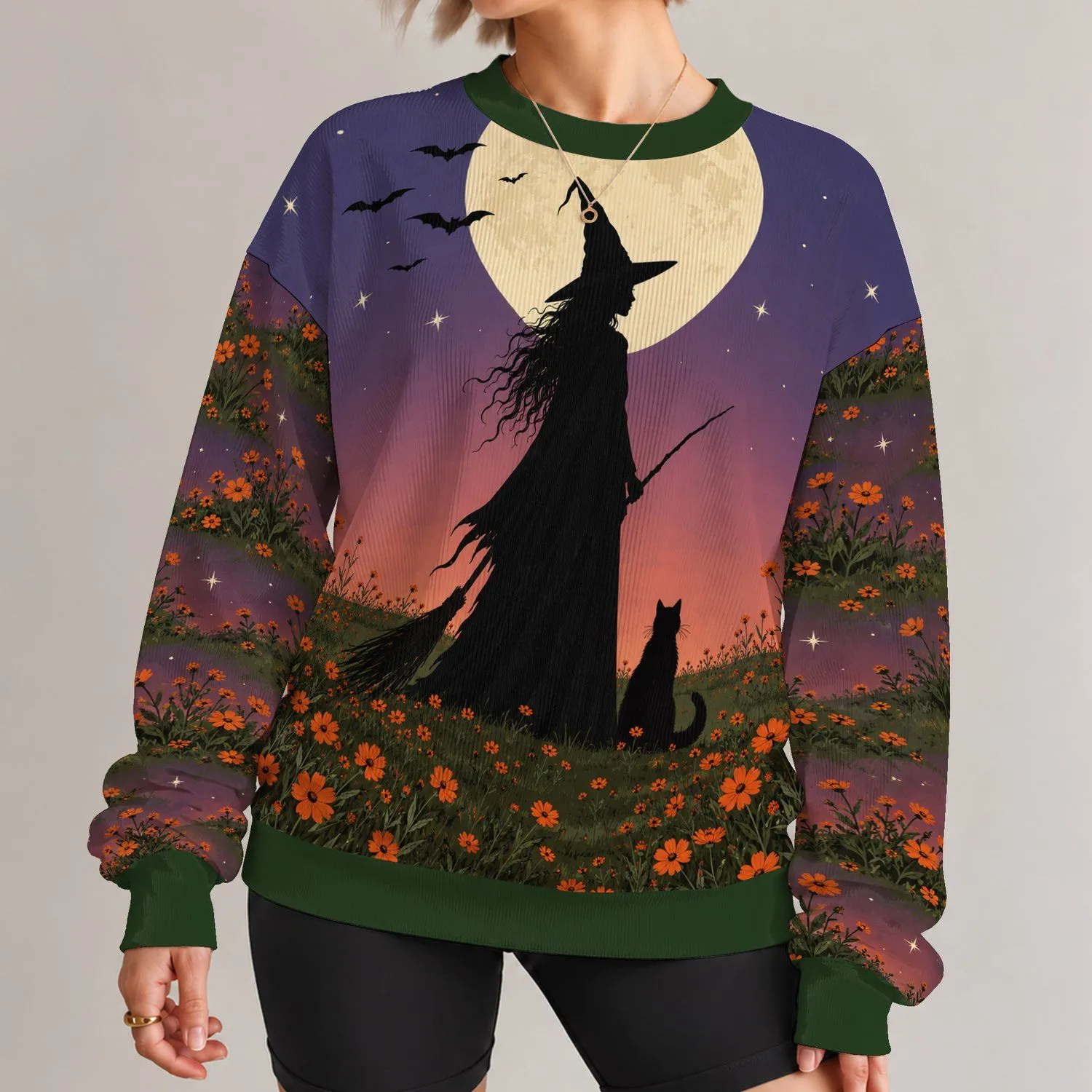 Moonlit Witch and Cat for Halloween Night Celebrations and Cozy Autumn Evening Wear All-over Print Knitted Sweater - 1
