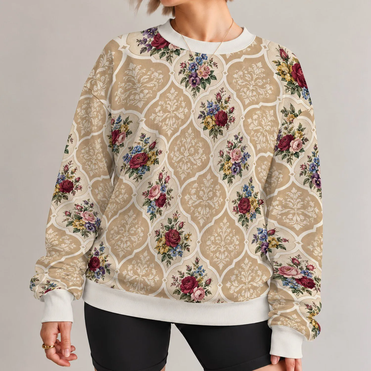 Vintage Rose and Quatrefoil Motifs for Autumn Outings and Cozy Women's Everyday Style All-over Print Knitted Sweater - 1