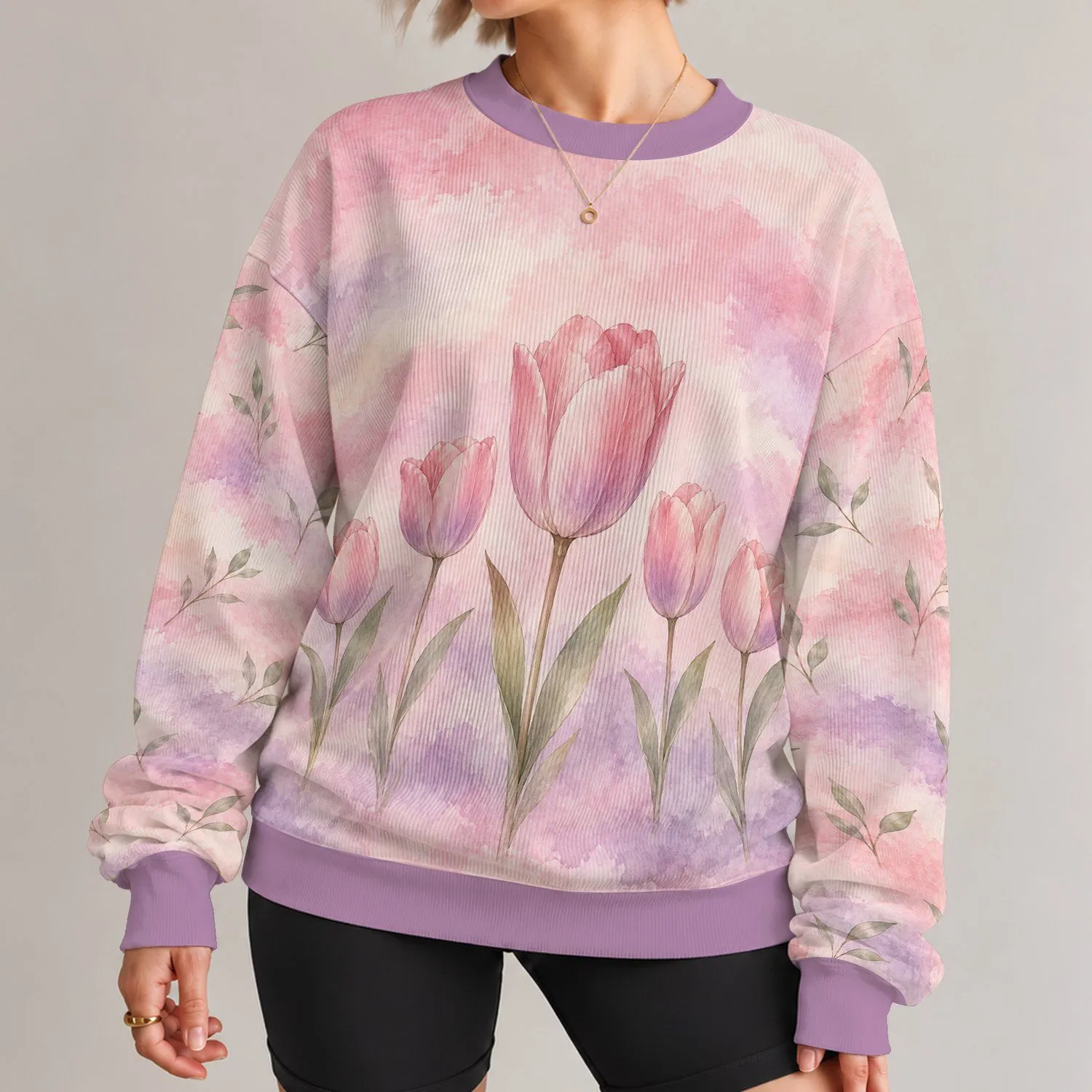 Blush Rose And Lavender Tulip Blooms For Romantic Spring Style And Everyday Wear Women All-over Print Knitted Sweater - 1