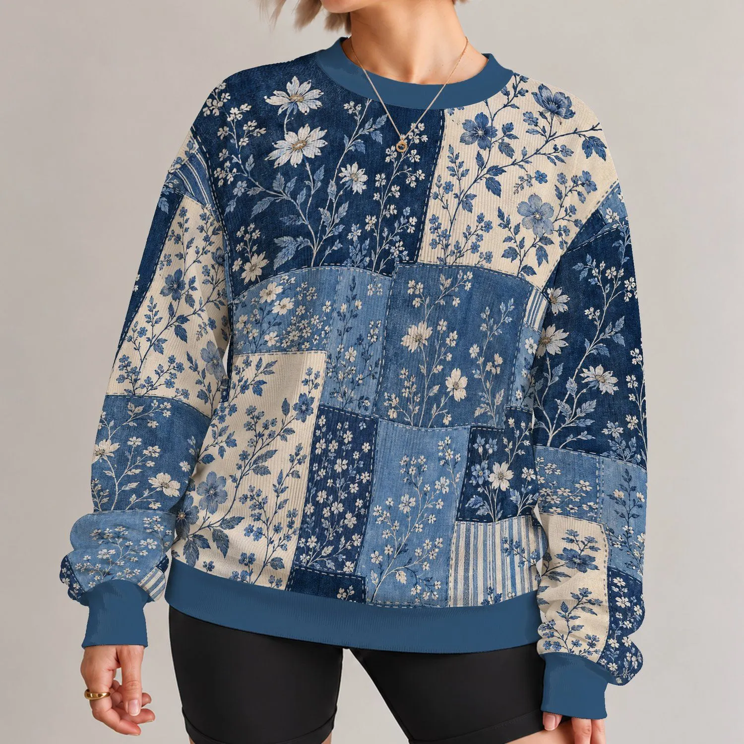 Blue Denim Patchwork Florals for Relaxed Spring and Autumn Everyday Style for Women All-over Print Knitted Sweater - 1
