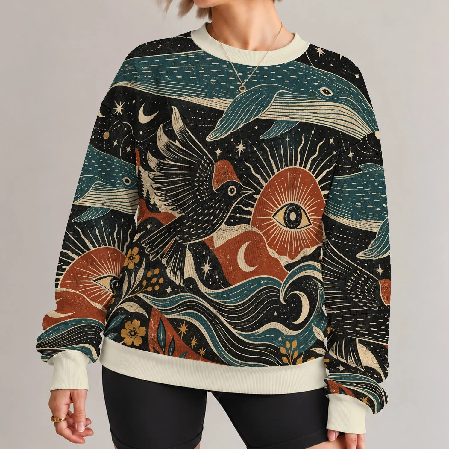Celestial Whale and Sun Motifs for Creative Autumn Weekends for Nature-Loving Men All-over Print Knitted Sweater - 1