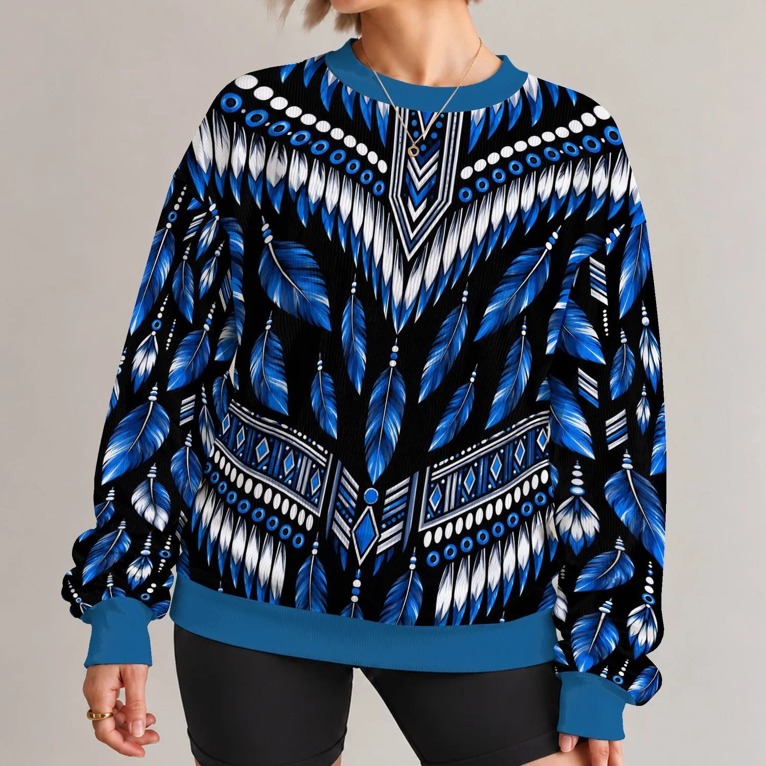 Blue Feather Tribal Ornament For Everyday Streetwear And Casual Weekend Style All-over Print Knitted Sweater - 1