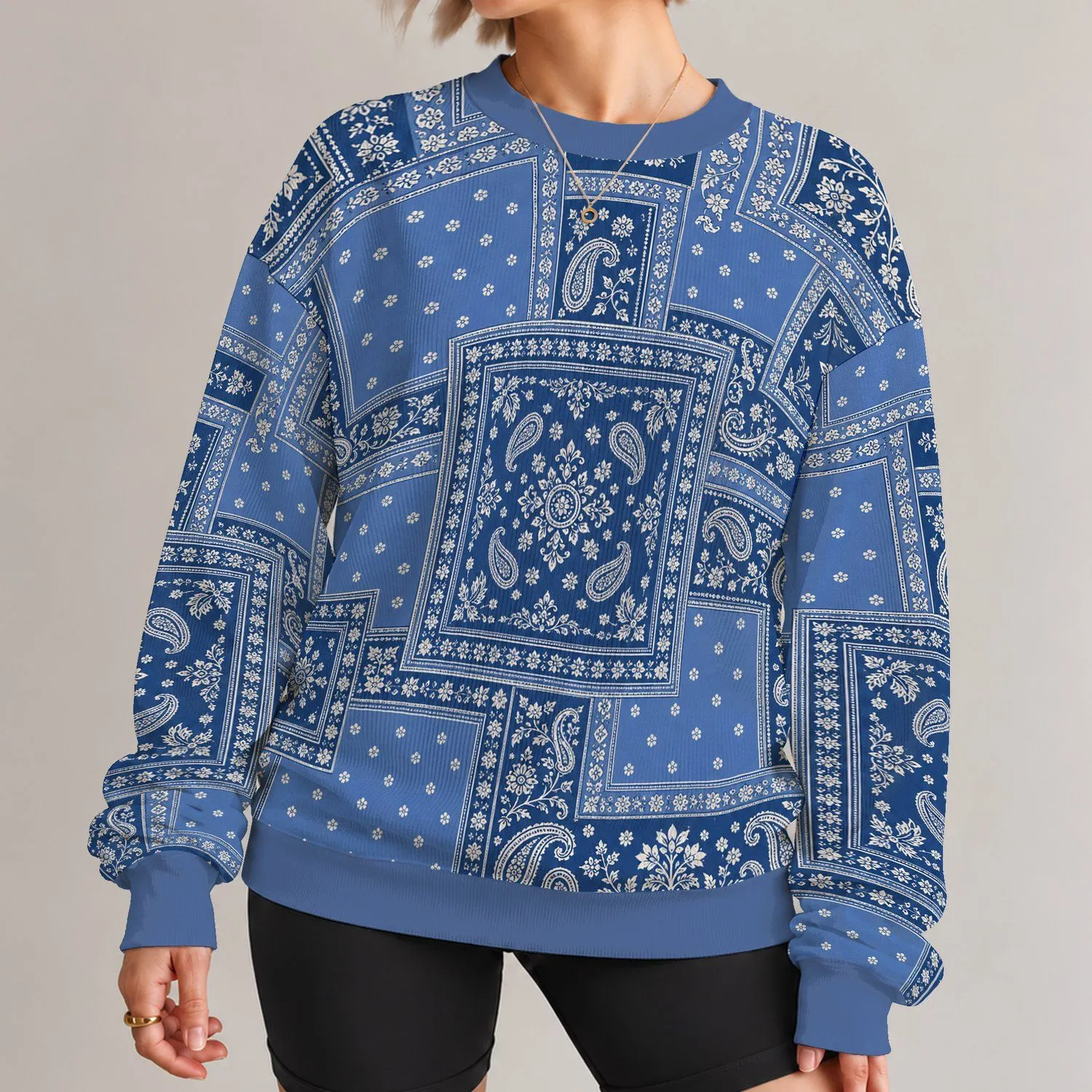 Blue Paisley Bandana Patchwork Motif for Everyday Streetwear and Casual Weekend Style All-over Print Knitted Sweater - 1