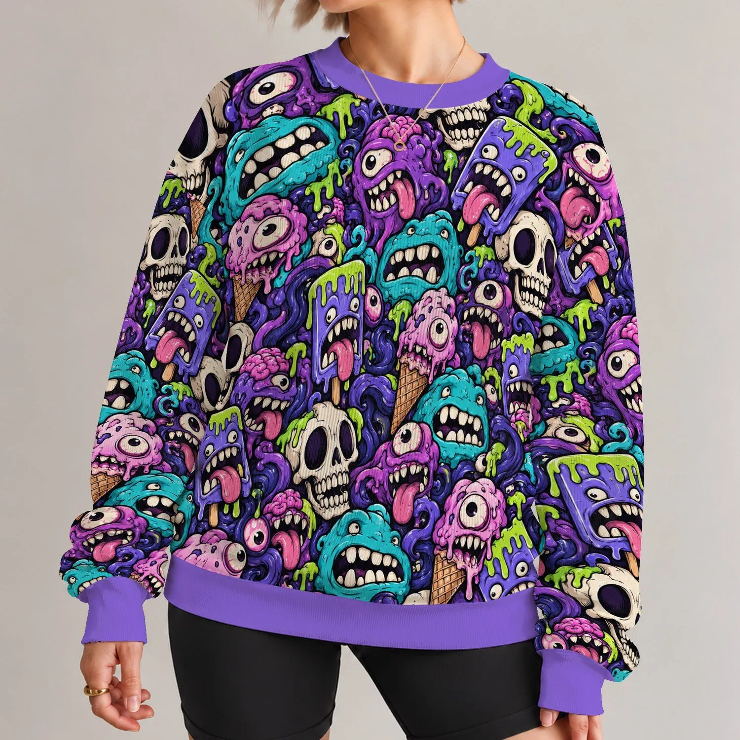 Candy-Colored Monster And Skull Motifs For Playful Weekend Streetwear And Halloween Fun All-over Print Knitted Sweater - 1