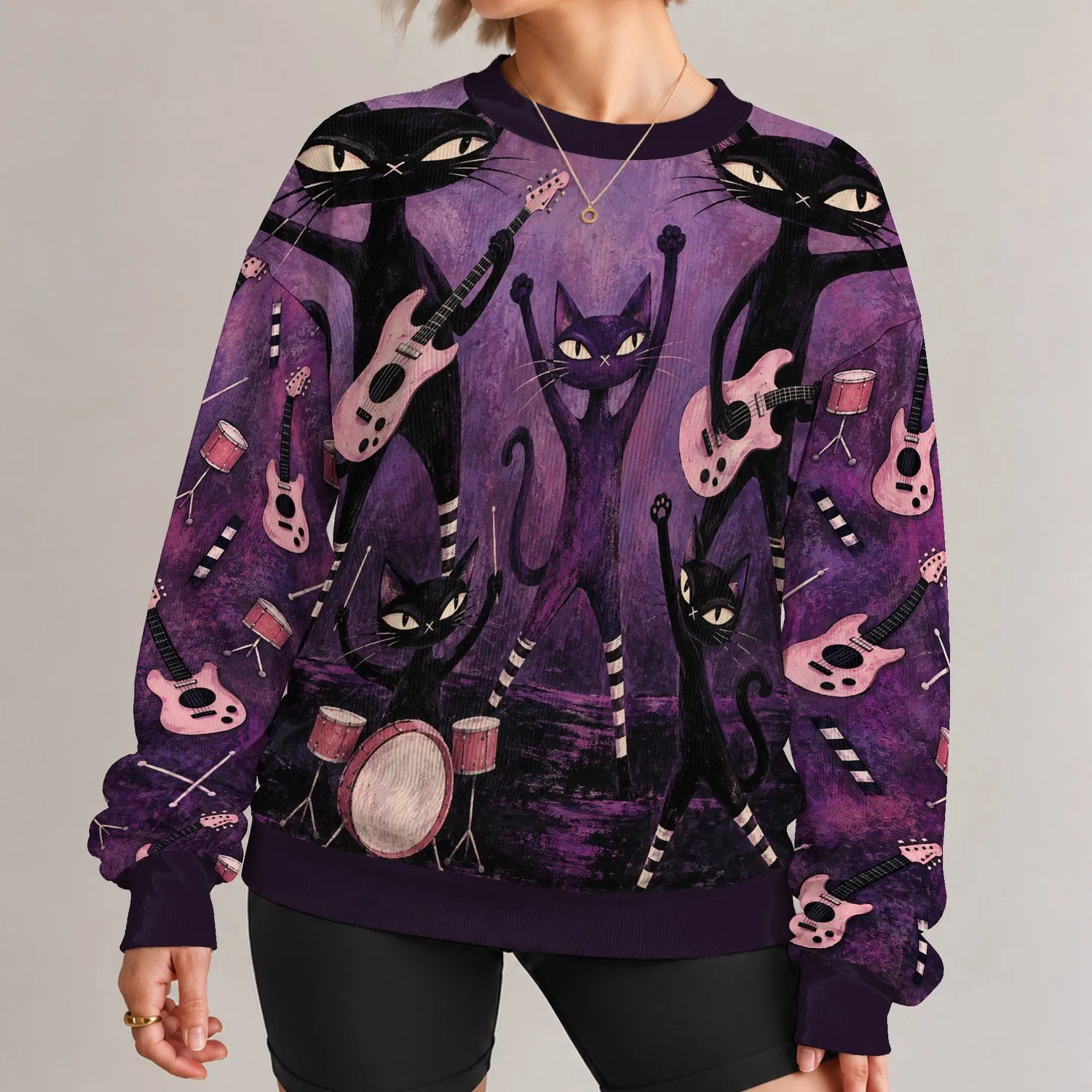 Purple Cat Band With Guitars For Music Lovers And Playful Streetwear Fans All-over Print Knitted Sweater - 1