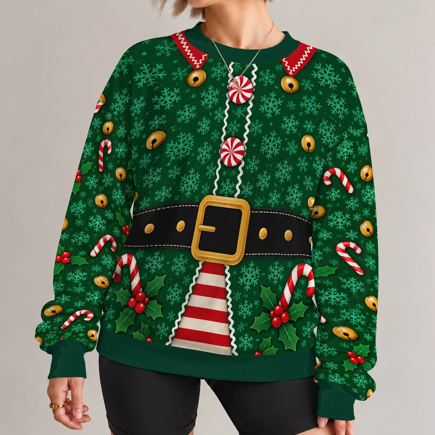 Elf Belt, Candy Canes And Snowflakes For Festive Holiday Parties And Cozy December Cosplay All-over Print Knitted Sweater - 1