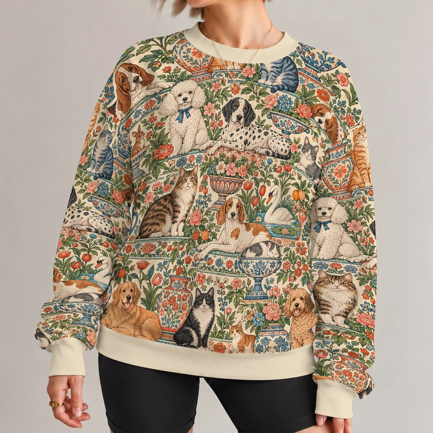 Whimsical Dogs and Cats in Garden Vignettes for Everyday Artful Outings and Pet Lovers All-over Print Knitted Sweater - 1