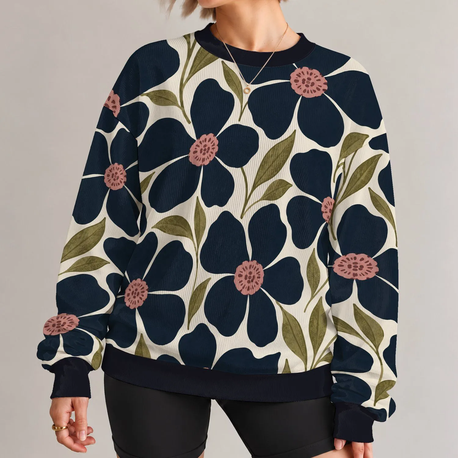 Oversized Navy Floral Botanical Motif For Relaxed Everyday Casual Style All-over Print Knitted Sweater - 1