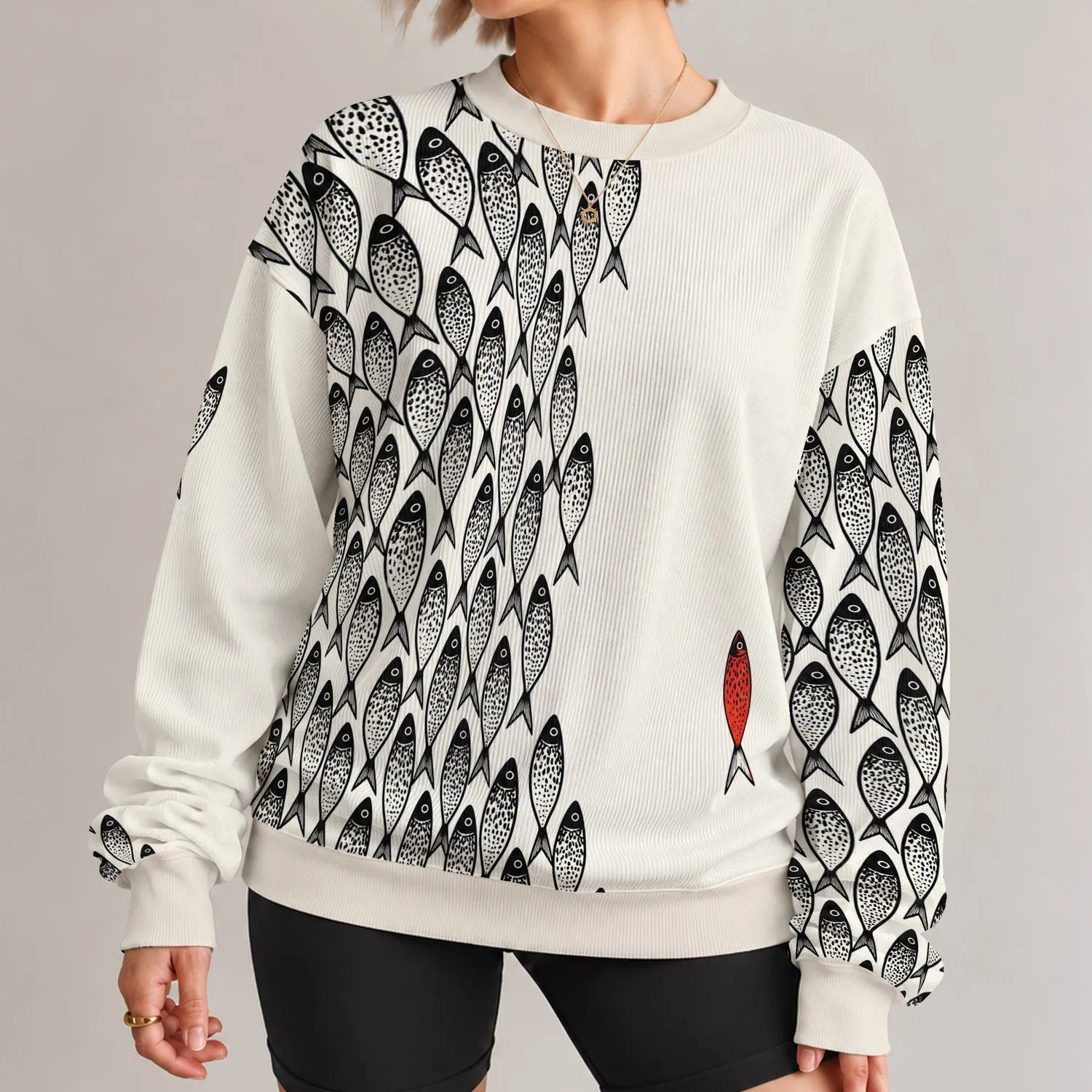 Hand-Drawn Fish and Scarlet Minnow for Coastal Weekends and Easy Everyday Style Wear All-over Print Knitted Sweater - 1