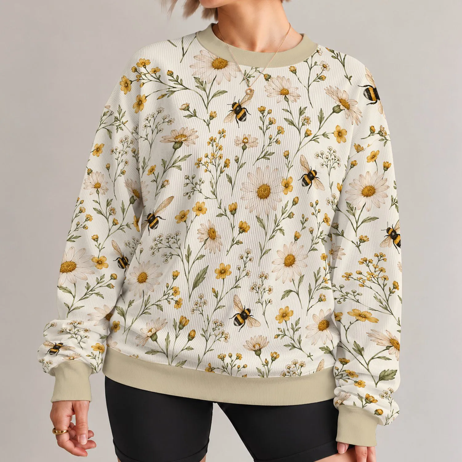 Bumblebee Daisy Meadow for Sunny Garden Days and Relaxed Nature-Loving Style All-over Print Knitted Sweater - 1