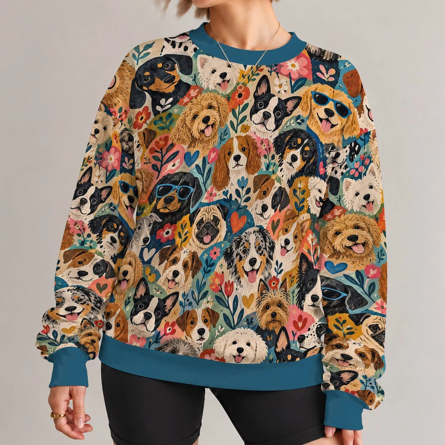 Colorful Cartoon Dog Faces for Playful Everyday Pet Lover Style All-over Print Knitted Sweater - 1