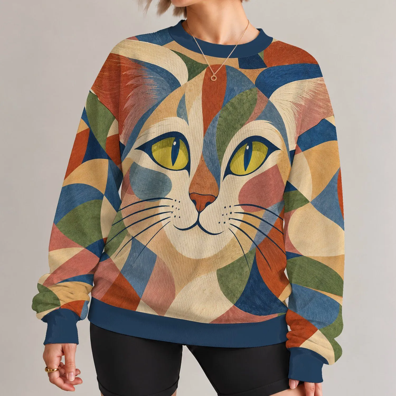 Geometric Cat Face with Bold Green Eyes for Creative Everyday Style All-over Print Knitted Sweater - 1
