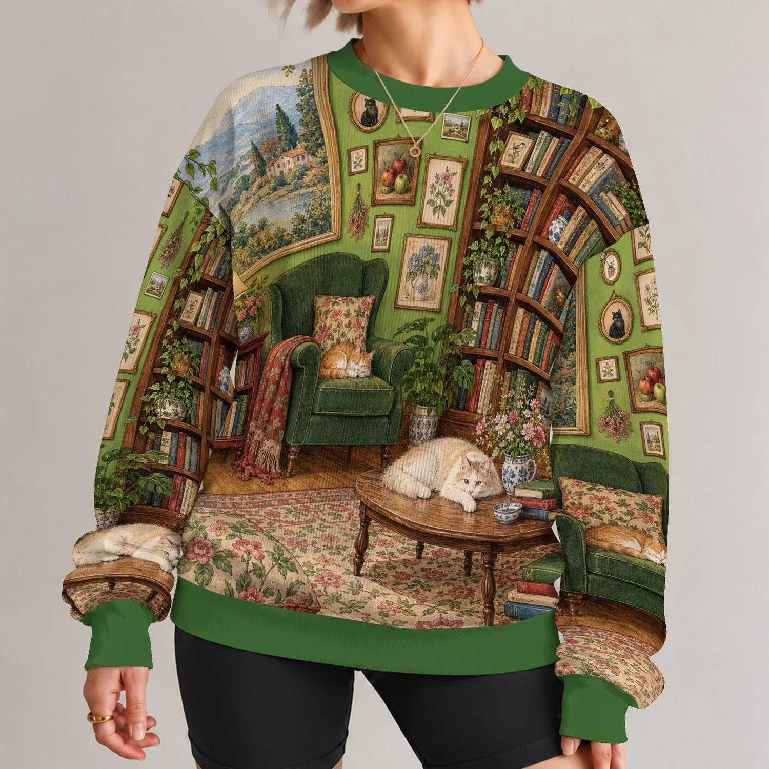 Whimsical Green Library Room for Cozy Reading Days and Book-Loving Homebodies Everyday All-over Print Knitted Sweater - 1