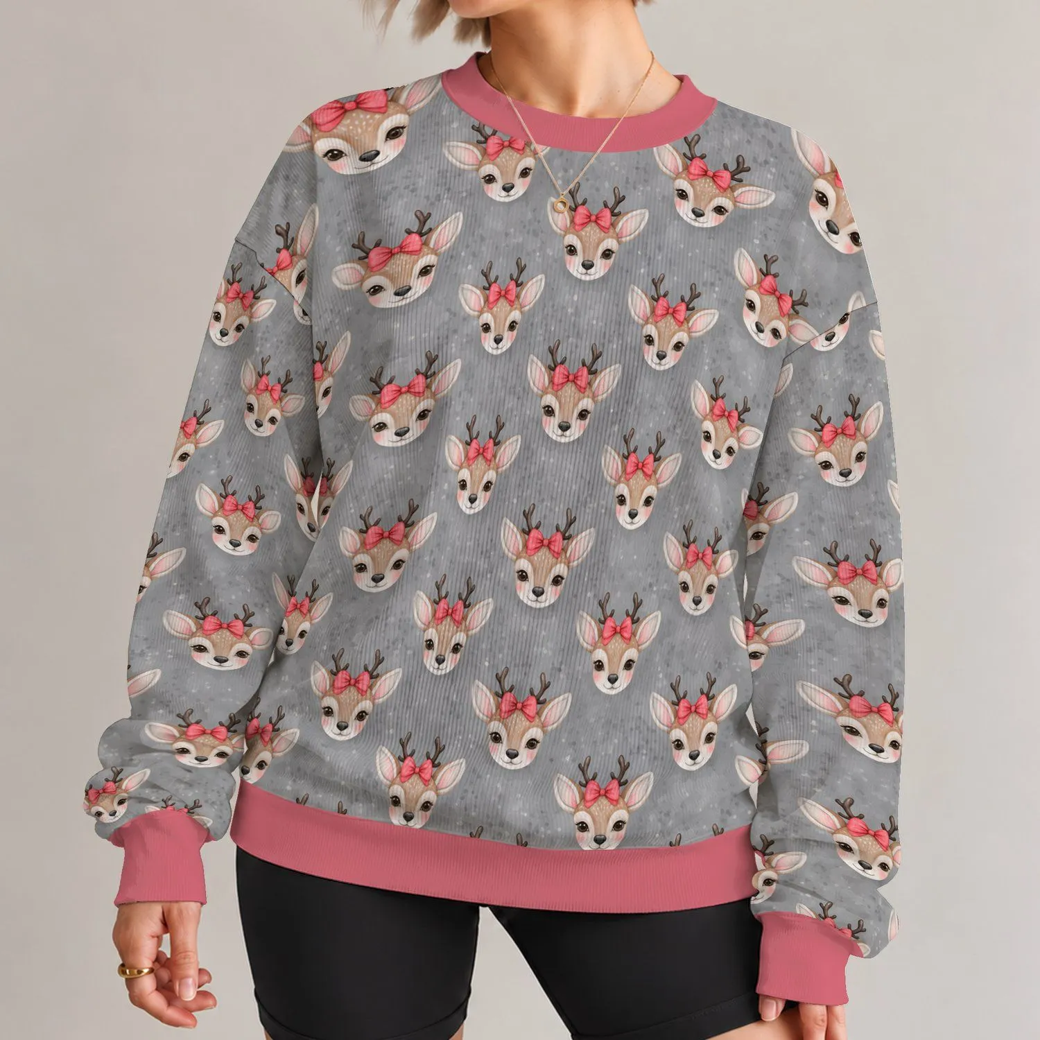 Blush-Bowed Fawn Heads for Cozy Woodland Casual Style and Whimsical Everyday Wear for Women All-over Print Knitted Sweater - 1