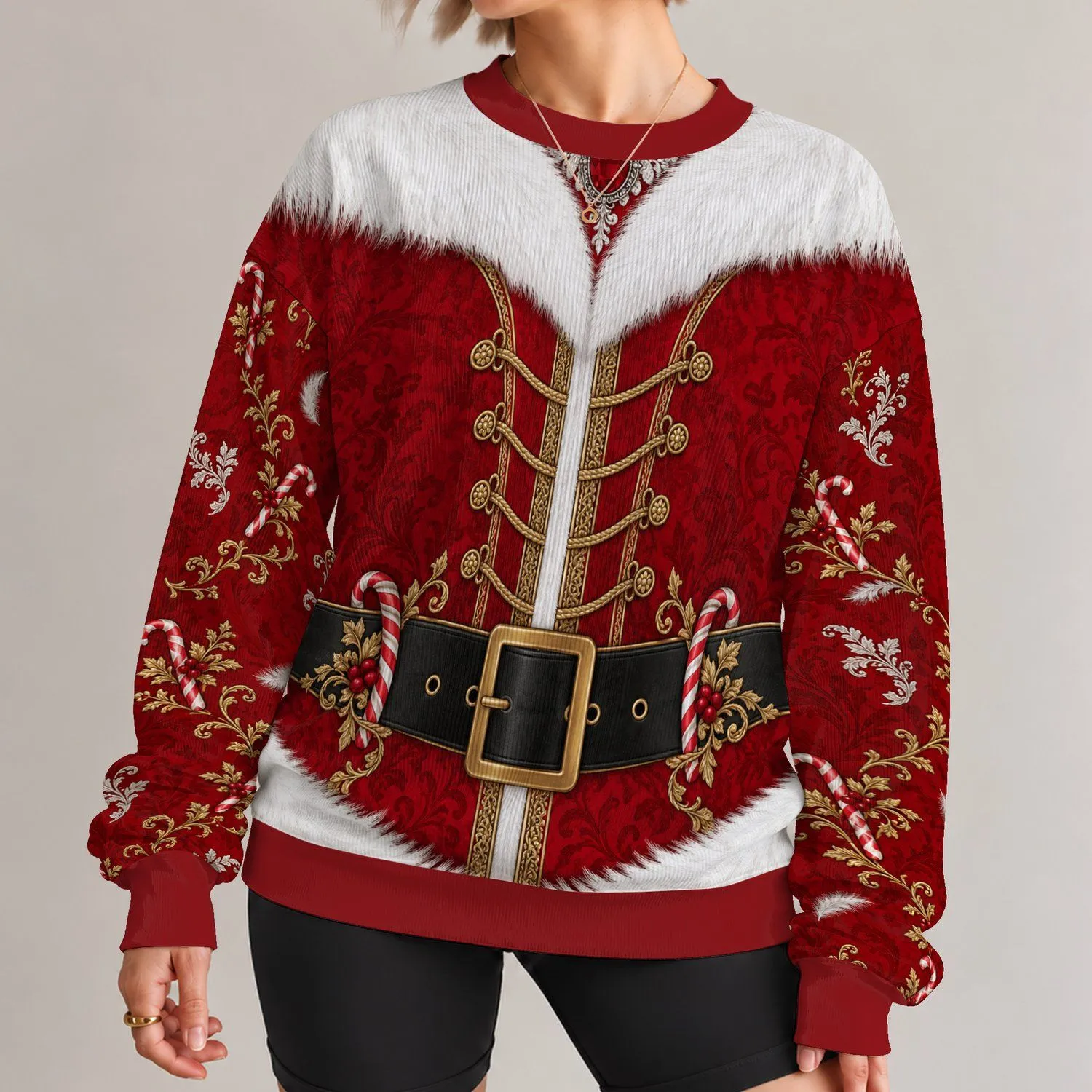 Red Faux Fur And Laced Holiday Outfit For Christmas Parties And Festive Gatherings All-over Print Knitted Sweater - 1