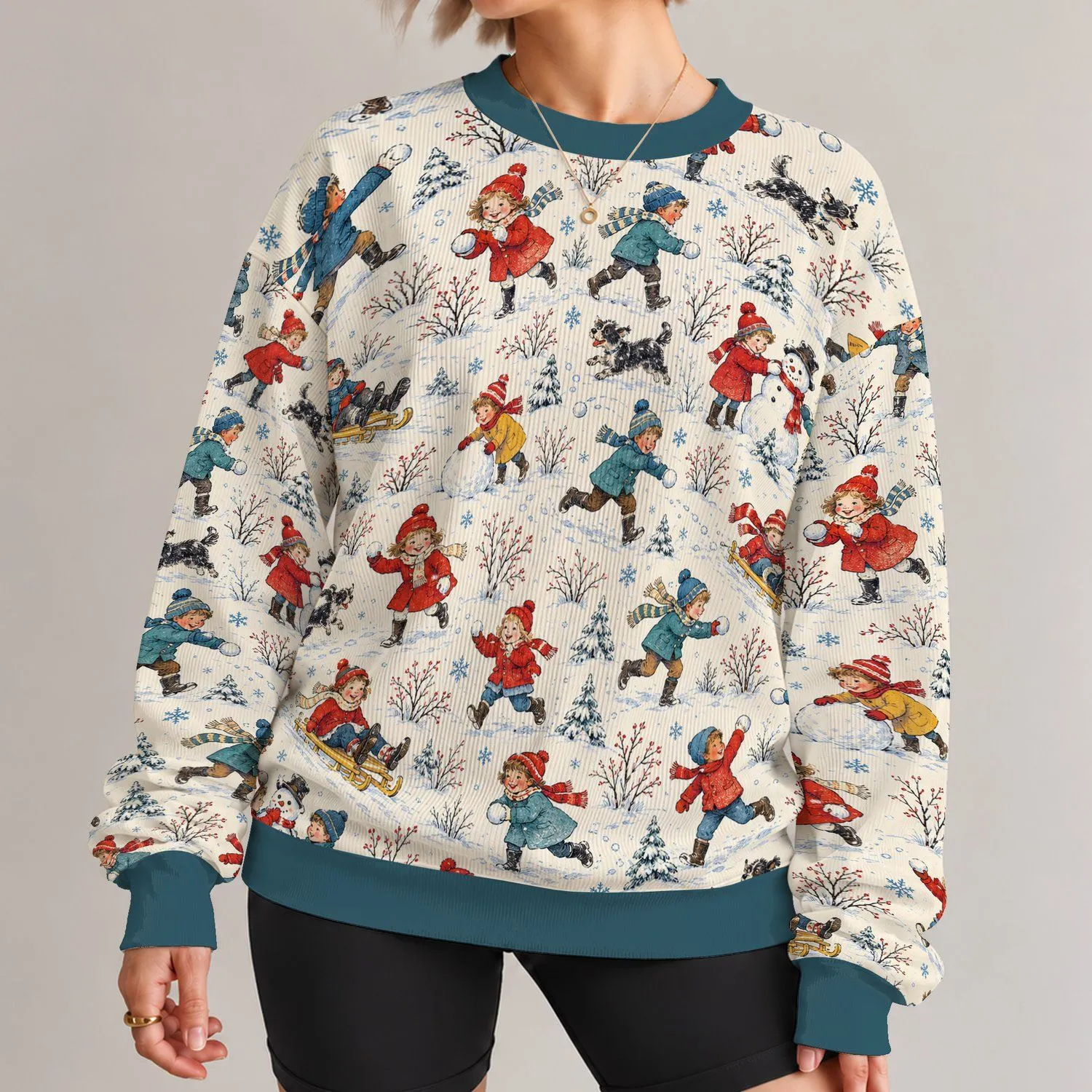 Vintage Winter Children Snowball Scenes for Cheerful Christmas Celebrations All-over Print Knitted Sweater - 1