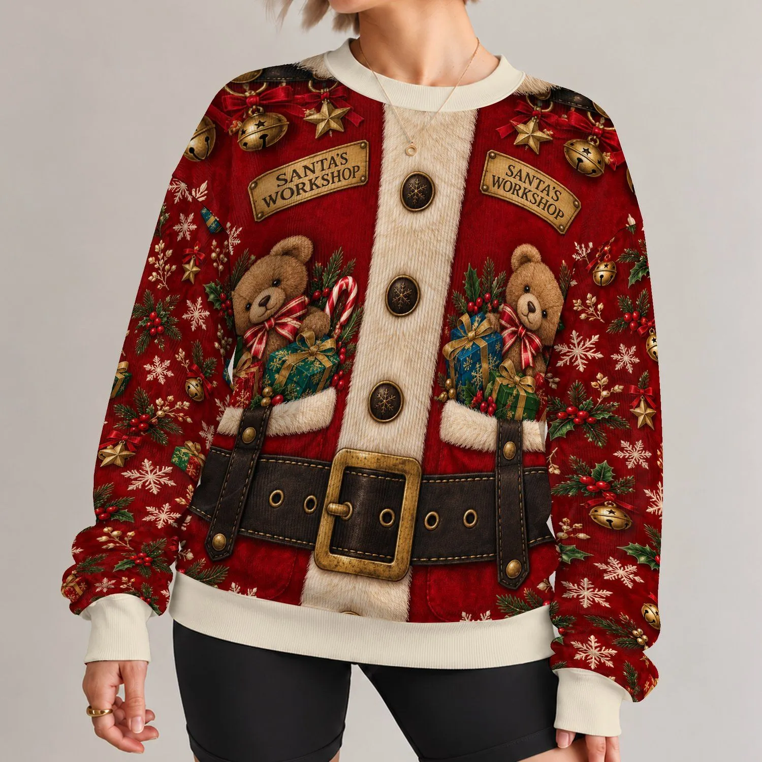 Santa Workshop Teddy Bear Gifts for Christmas Parties and Festive Family Celebrations All-over Print Knitted Sweater - 1