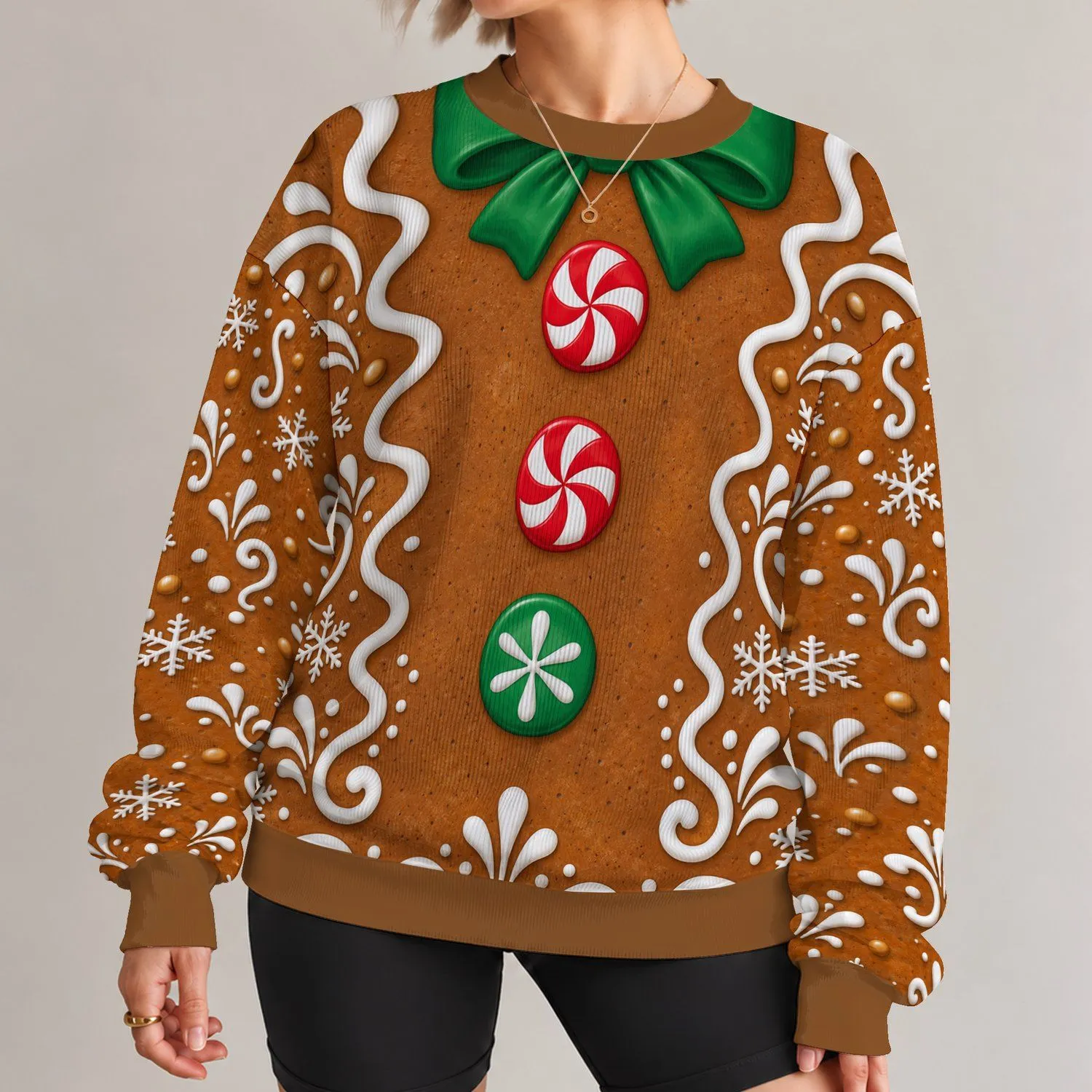 Gingerbread Cookie With Candy Buttons For Christmas Parties And Holiday Celebrations All-over Print Knitted Sweater - 1