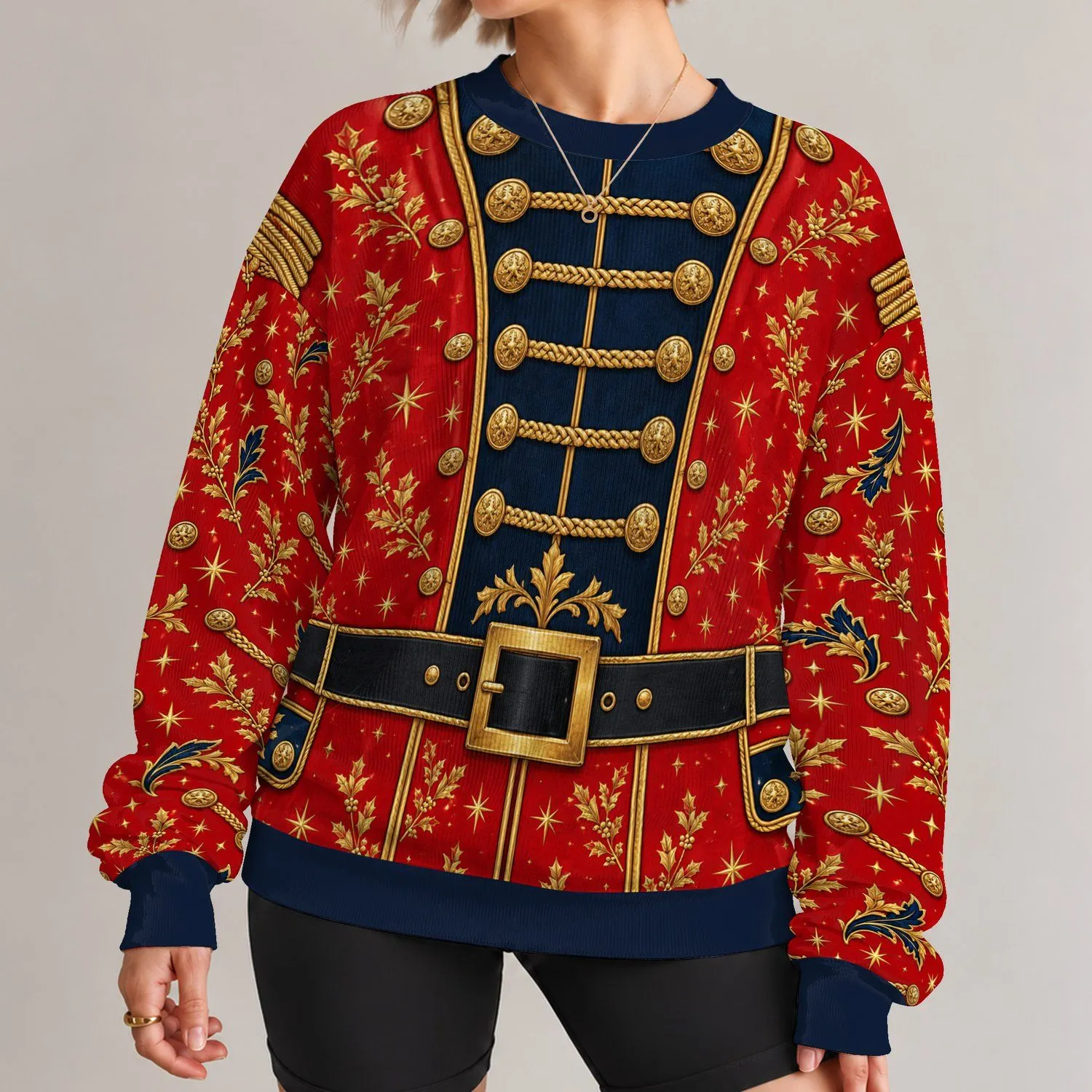 Red Toy Soldier Uniform Details for Christmas Parties and Festive Holiday Celebrations All-over Print Knitted Sweater - 1