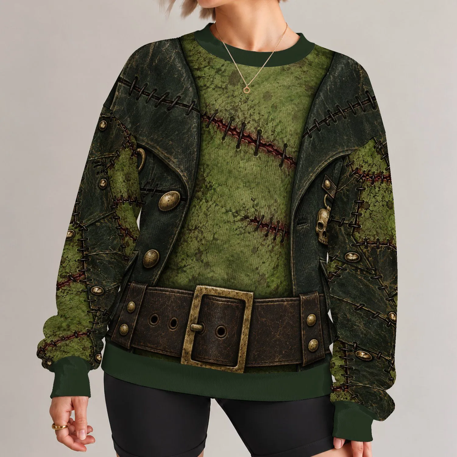 Stitched Green Monster Jacket Look for Halloween Parties and Spooky Costume Nights All-over Print Knitted Sweater - 1