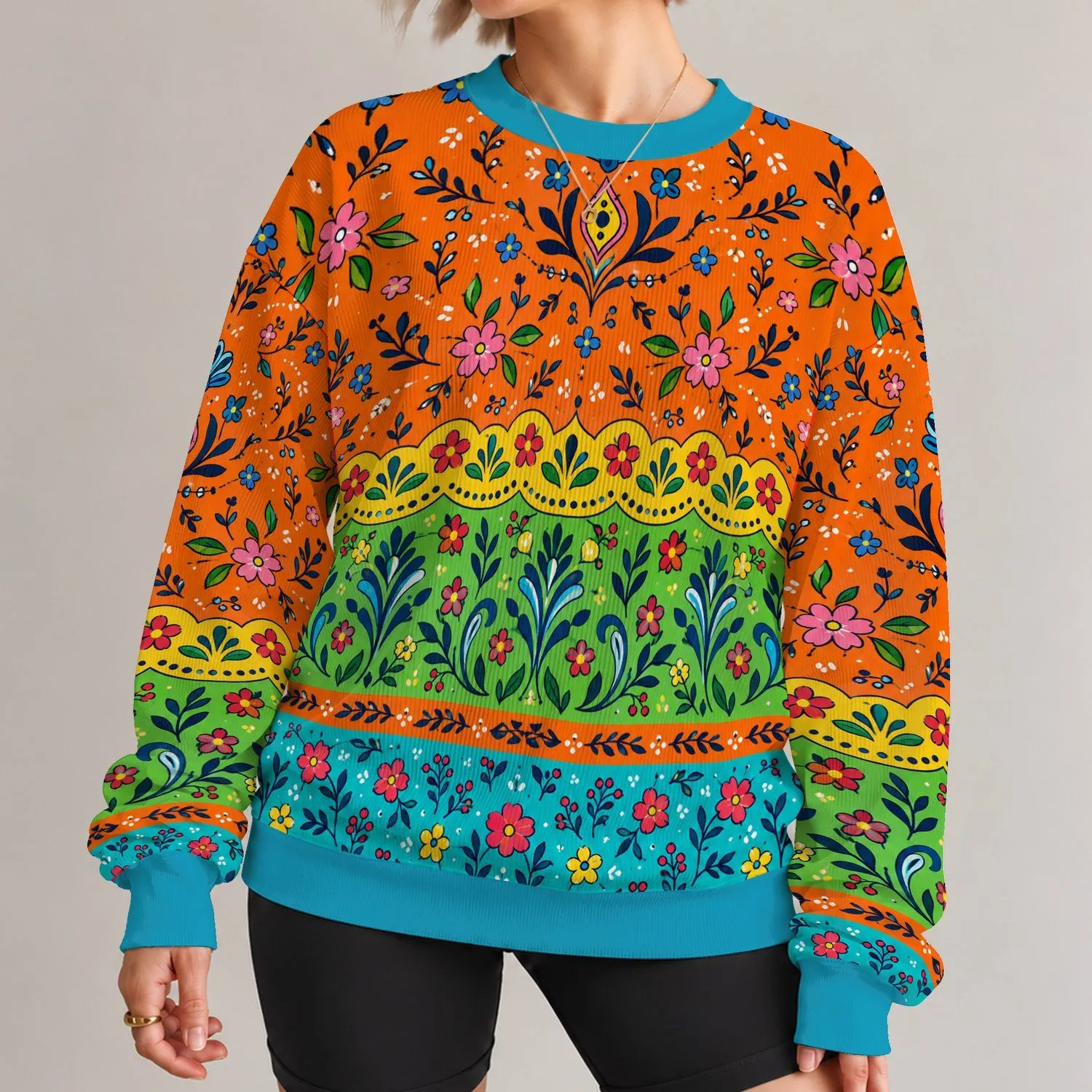 Colorful Folk Floral Blooms for Festive Autumn Outings and Everyday Bohemian Style All-over Print Knitted Sweater - 1