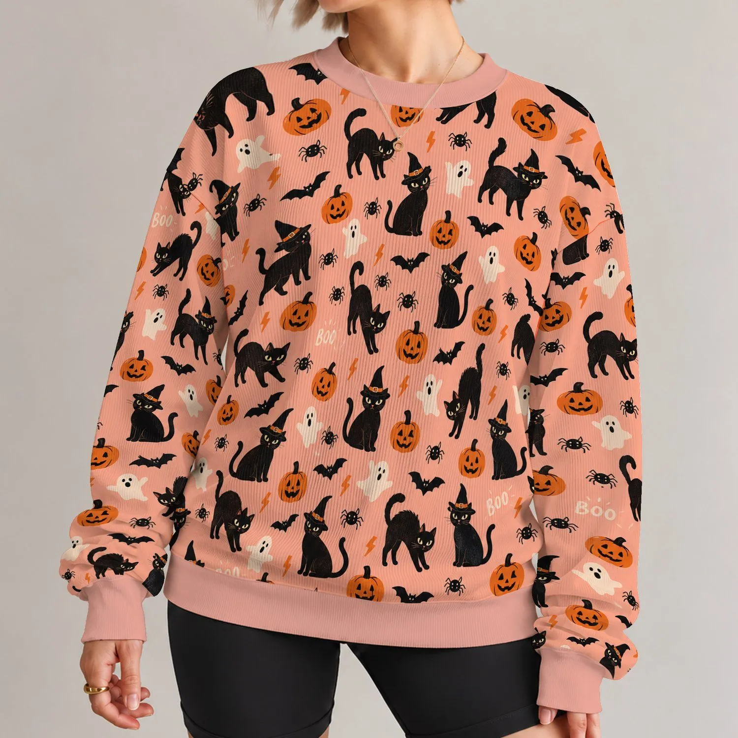 Black Cats, Ghosts & Pumpkins for Spooky Autumn Halloween Party Celebrations All-over Print Knitted Sweater - 1