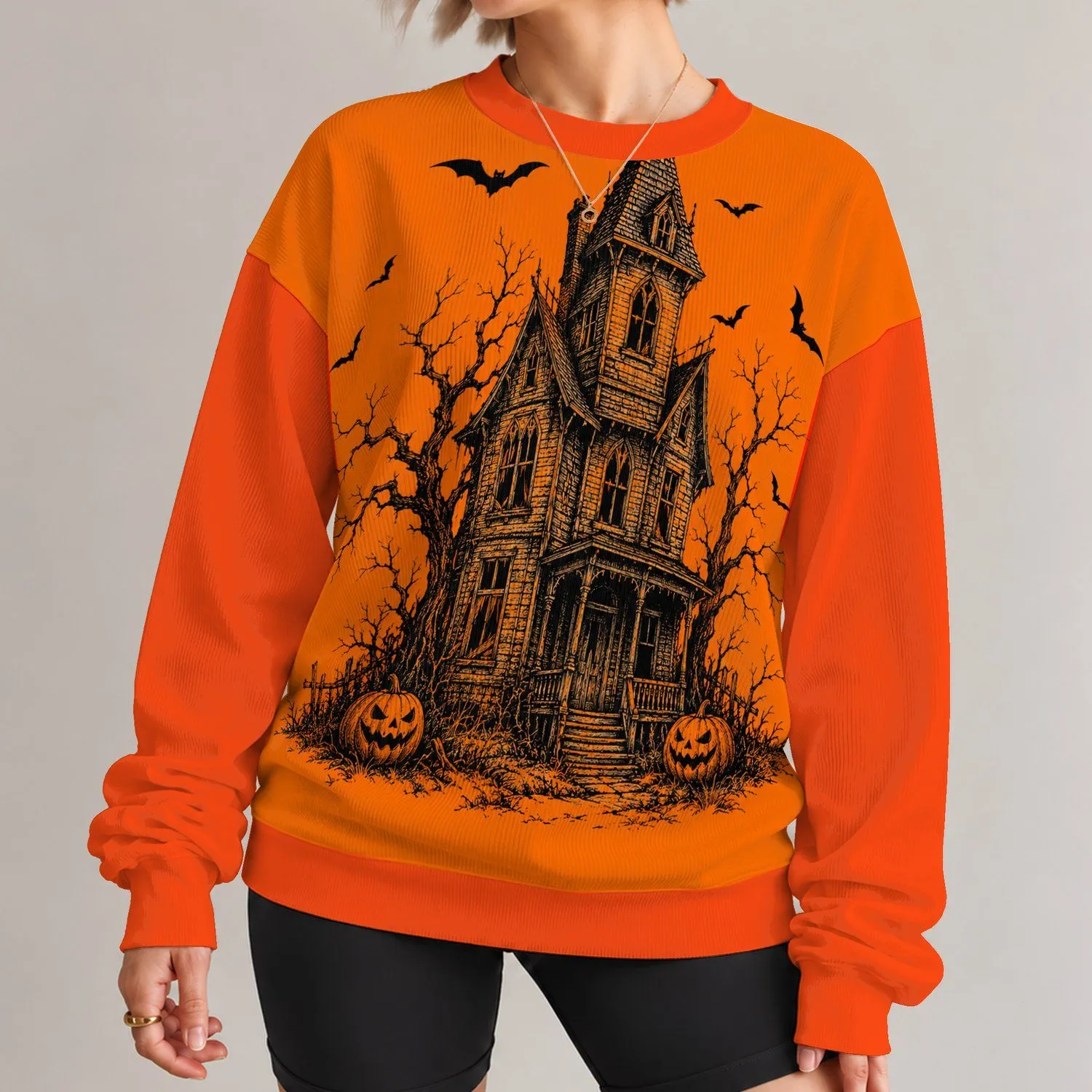 Haunted House and Pumpkin Bats for Halloween Night and Spooky Season Celebrations All-over Print Knitted Sweater - 1