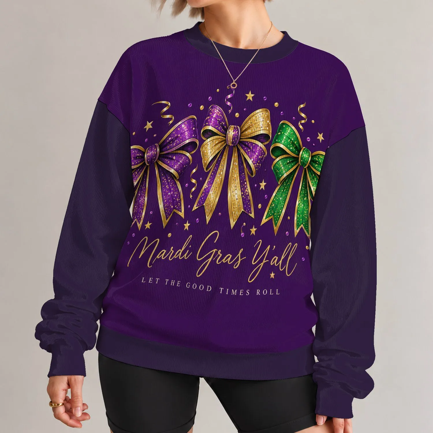 Sparkling Mardi Gras Bow Trio for Carnival Celebrations and Louisiana Party Style All-over Print Knitted Sweater - 1