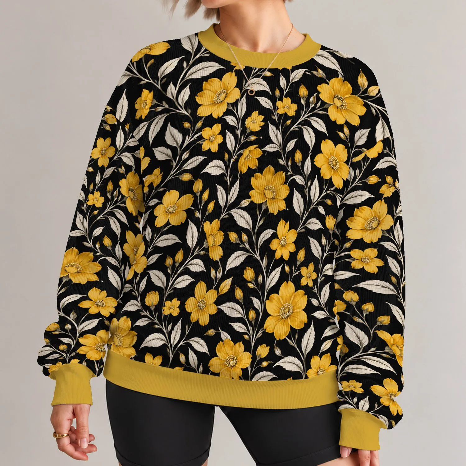 Yellow Floral Vine Motifs for Spring Garden Gatherings and Cozy Everyday Layering Looks All-over Print Knitted Sweater - 1