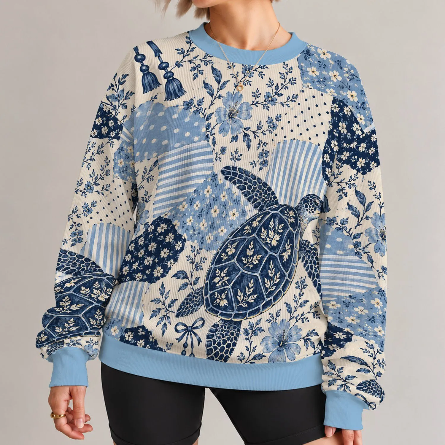 Blue Sea Turtle and Floral Patchwork for Spring Garden Strolls and Everyday Style All-over Print Knitted Sweater - 1