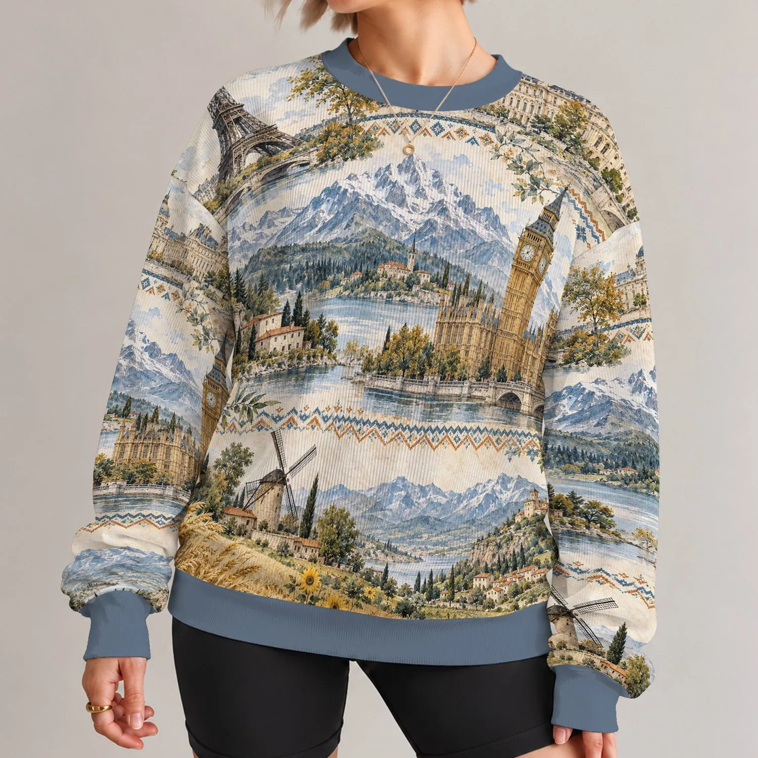 European Landmark Watercolor Scenes for Travel Days and Cozy Autumn Getaways All-over Print Knitted Sweater - 1