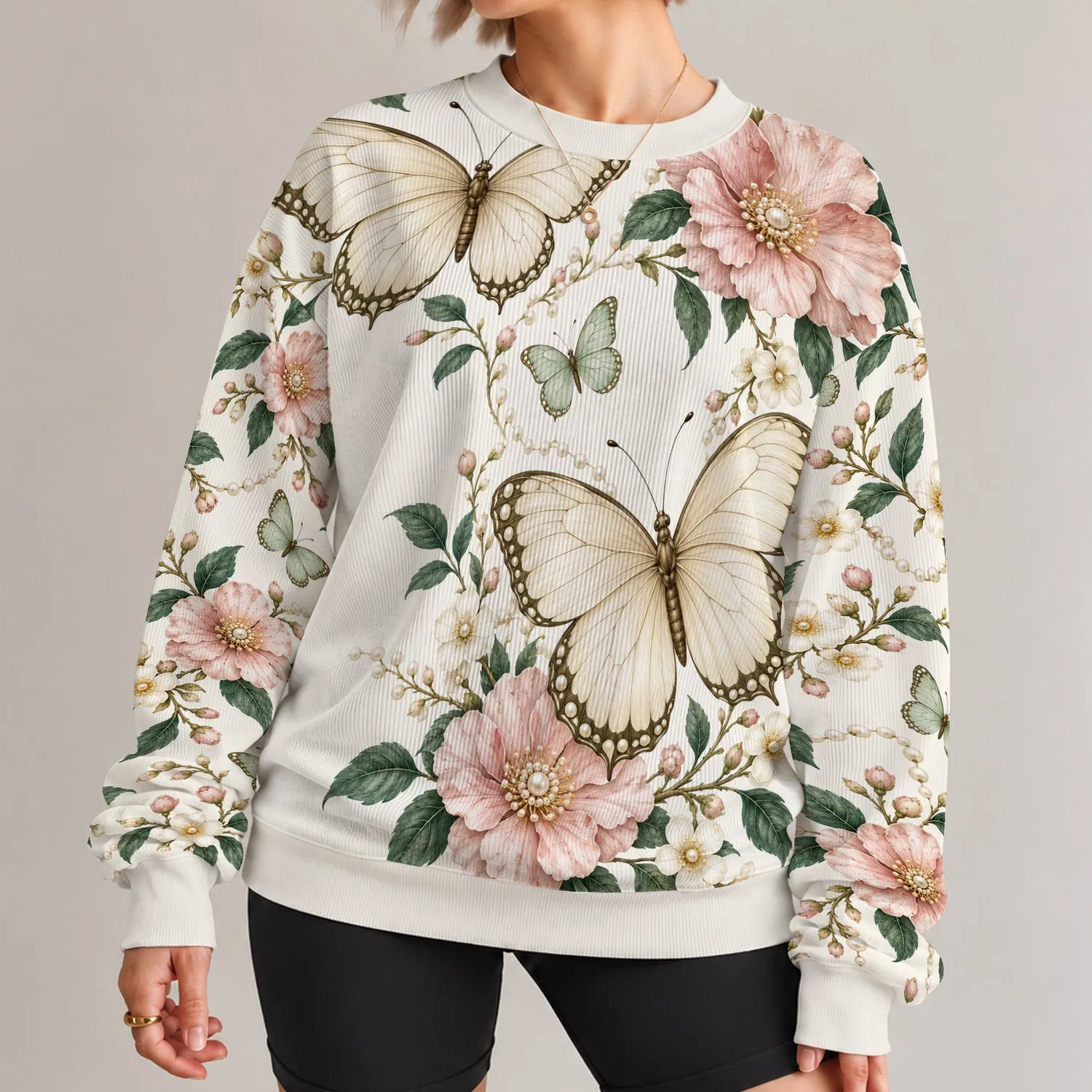 Ivory Butterflies and Blush Flowers for Spring Garden Style and Everyday Wear All-over Print Knitted Sweater - 1