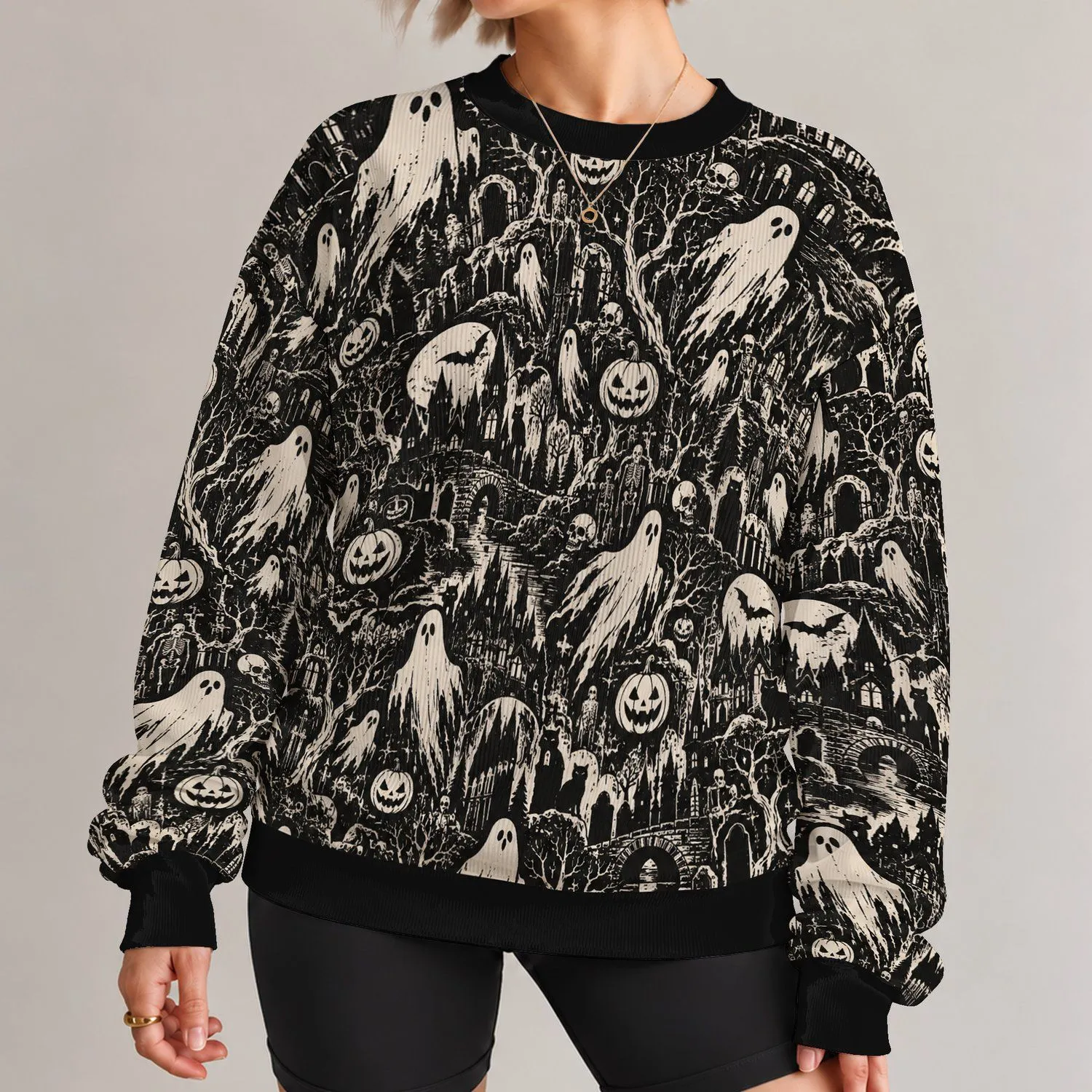 Ghosts And Pumpkins Halloween Field For Spooky Autumn Nights And Casual Wear All-over Print Knitted Sweater - 1