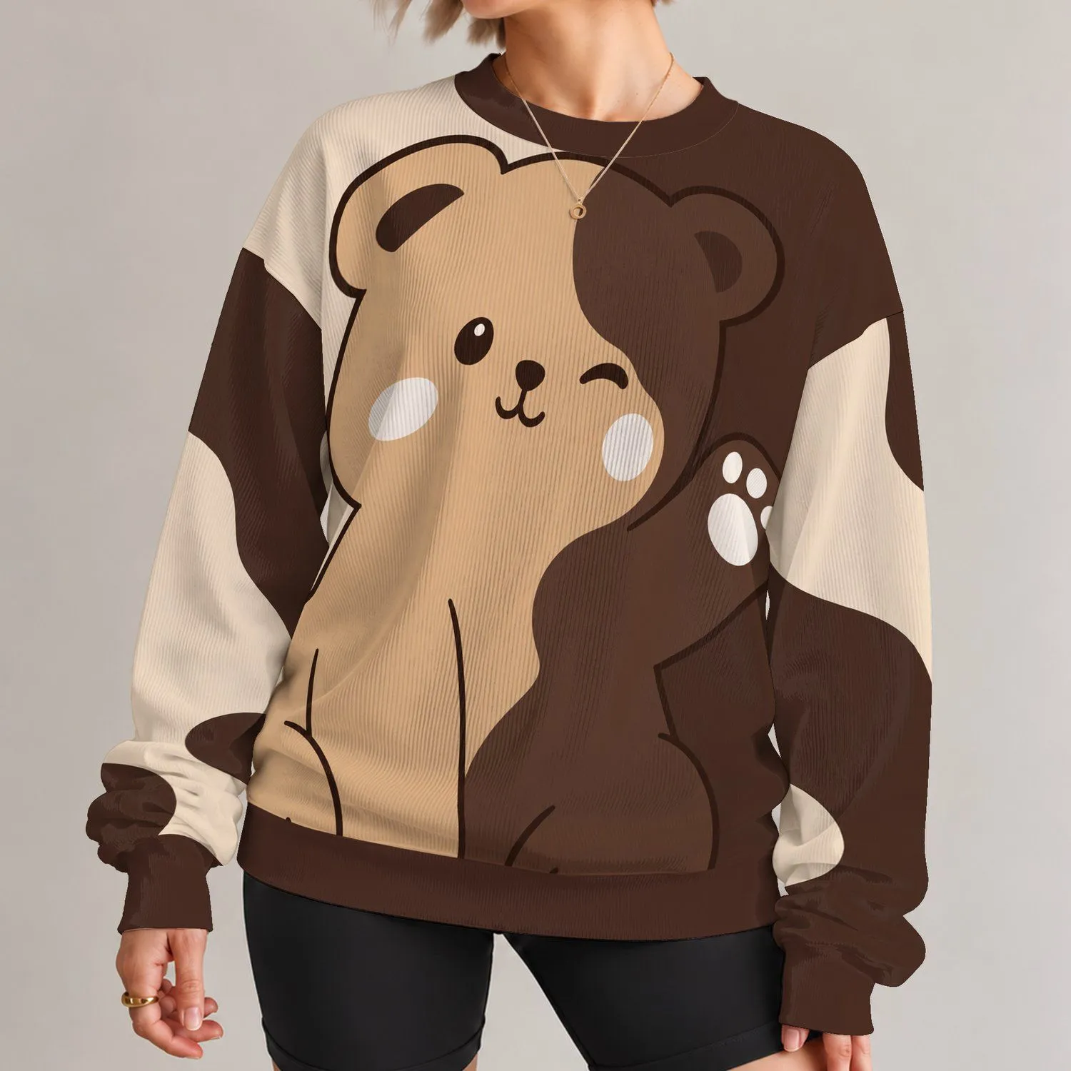 Winking Tan Bear Character for Cozy Campus Days and Casual Everyday Outings All-over Print Knitted Sweater - 1