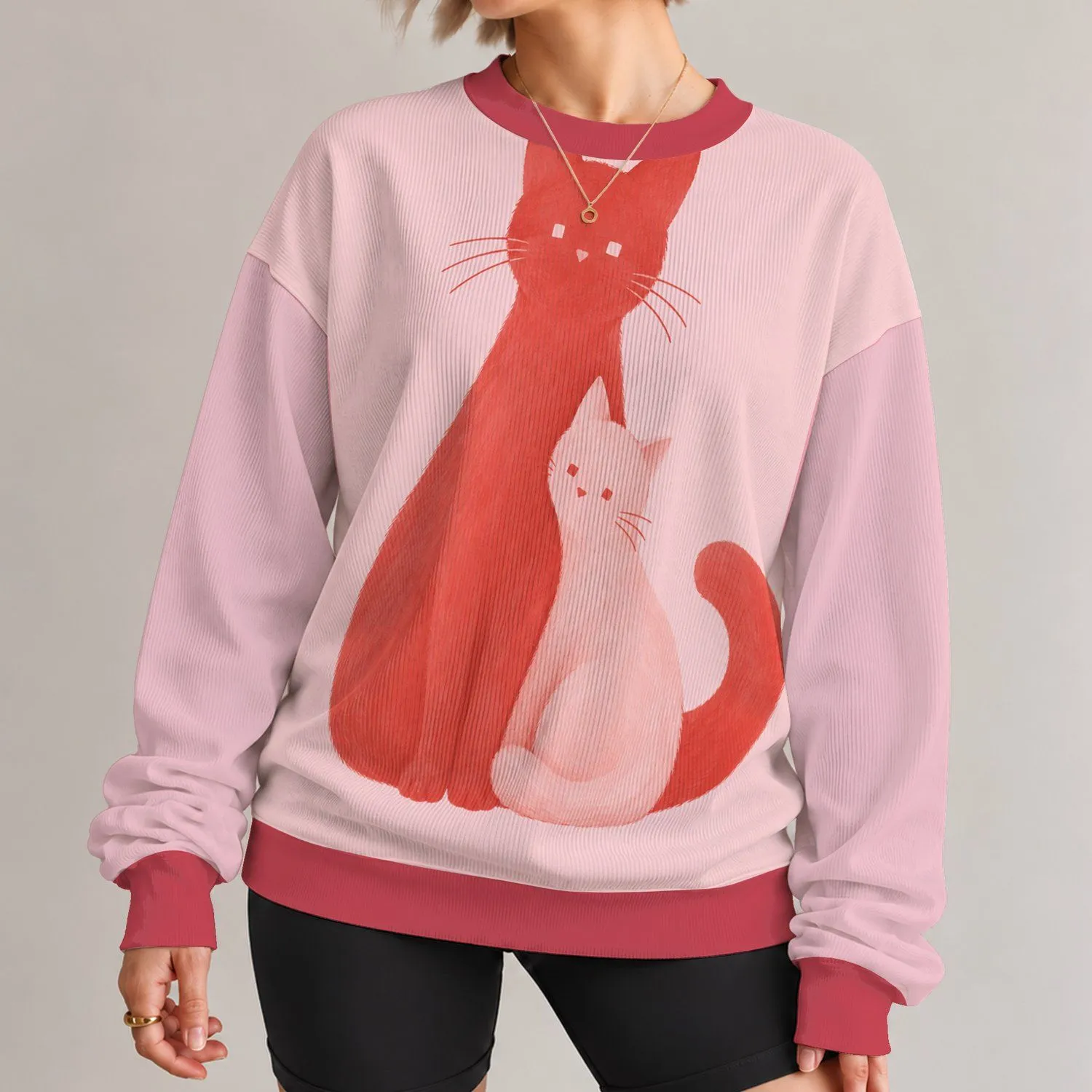 Coral Cat Duo for Cozy Everyday Outings and Relaxed Weekend Style All-over Print Knitted Sweater - 1