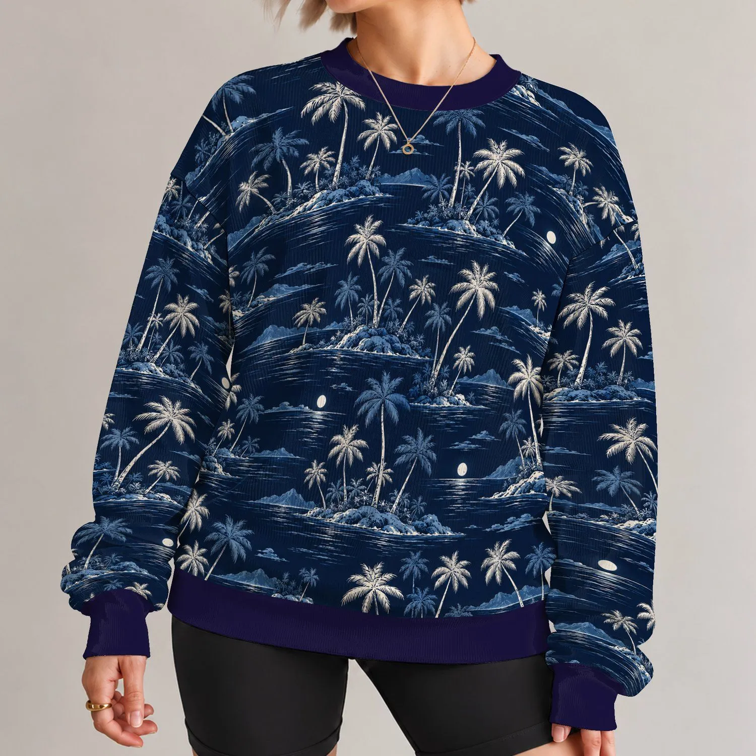 Moonlit Palm Island Seascape for Relaxed Coastal Evenings and Everyday Getaways for Men All-over Print Knitted Sweater - 1