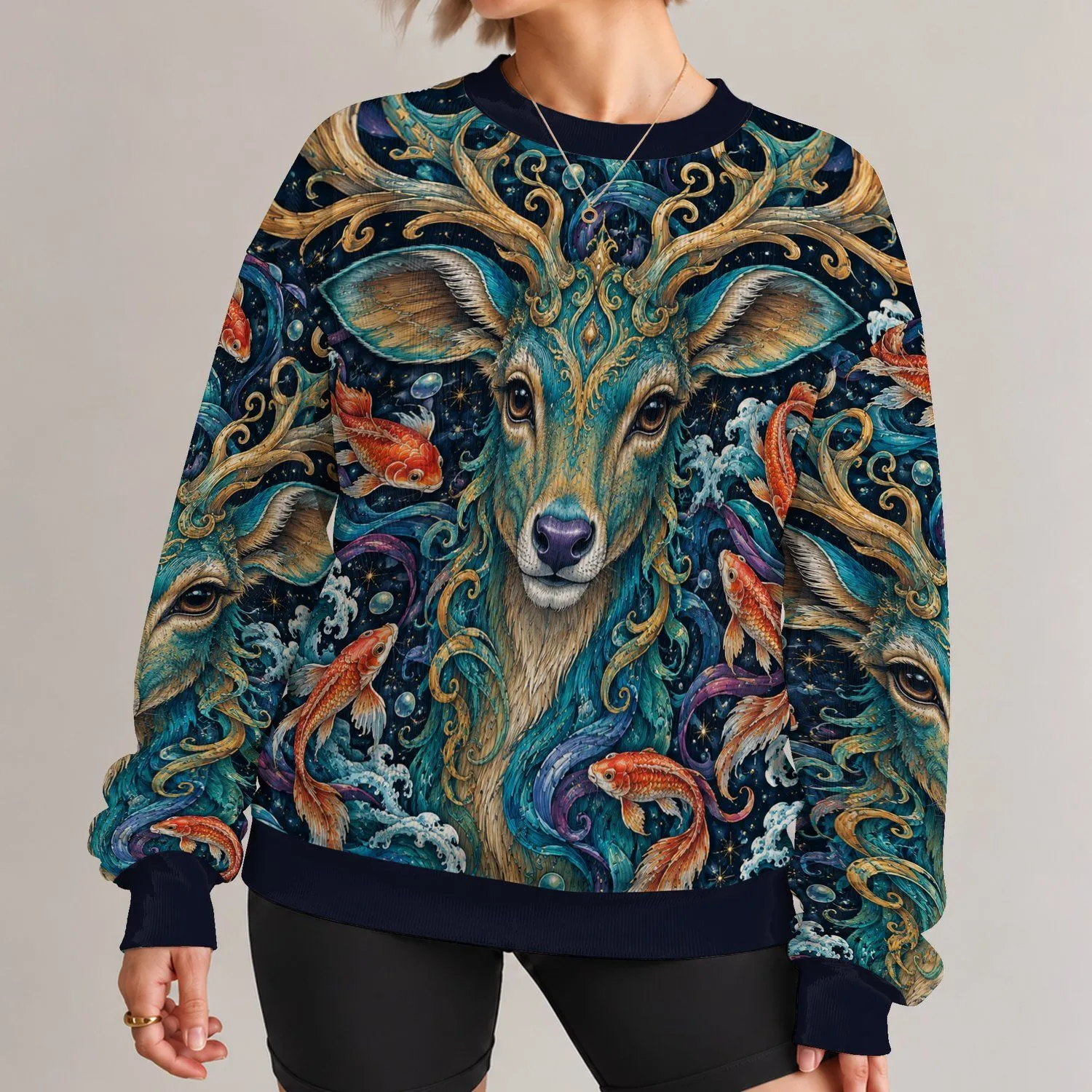 Celestial Deer, Koi Fish and Ocean Waves for Fantasy Art Lovers and Nature Fans Everyday All-over Print Knitted Sweater - 1